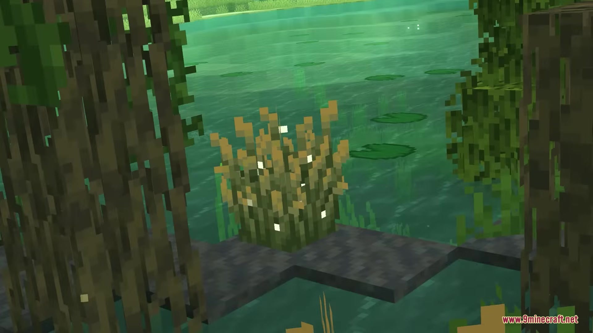 Thick 3D bushes growing near a swamp with lily pads and green water