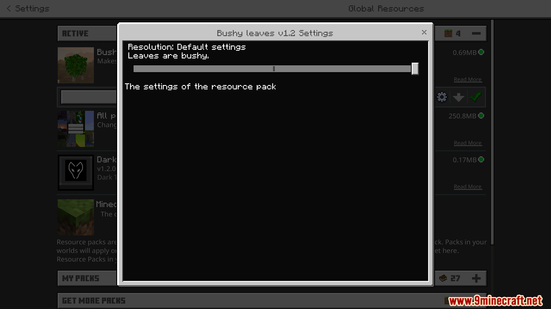 Settings menu for the Bushy leaves texture pack with a resolution slider