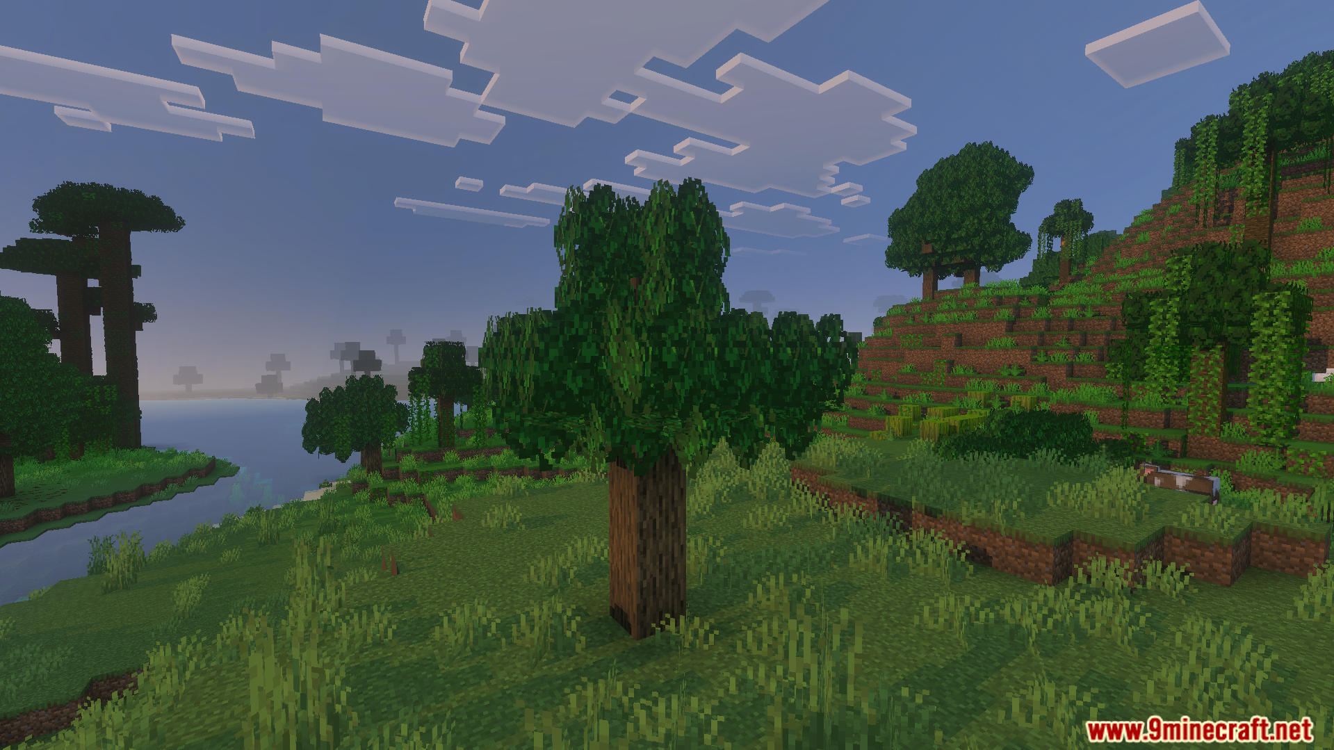 Minecraft landscape featuring trees with dense and fluffy green leaf textures