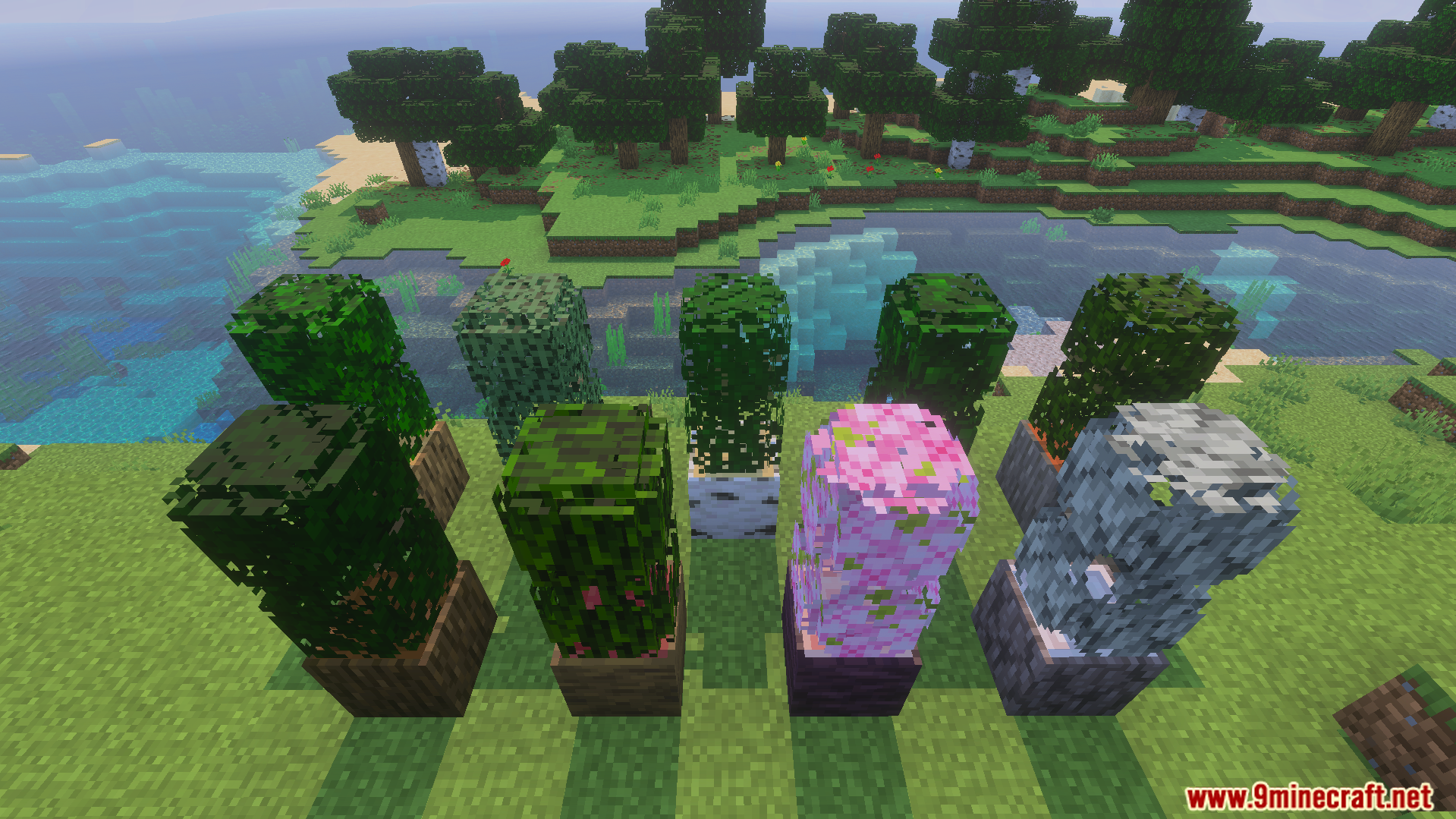 Bushy Trees Texture Pack displays various leaf styles on wooden logs