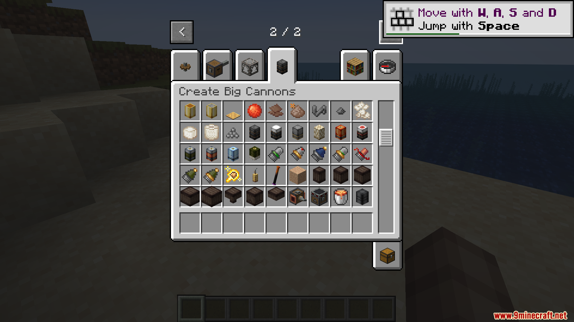 CBC Compact Mount Mod Screenshot 1 Creative inventory tab showing a variety of cannon parts and ammunition