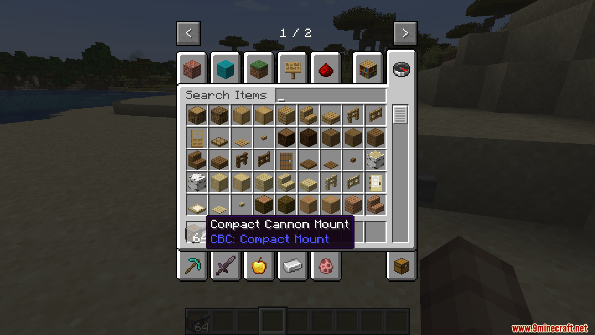 CBC Compact Mount Mod Screenshot 2 Selecting the Compact Cannon Mount block from the creative inventory search menu