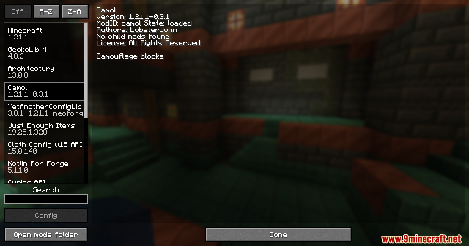 Minecraft mod list interface displaying the Camol mod and its technical specifications