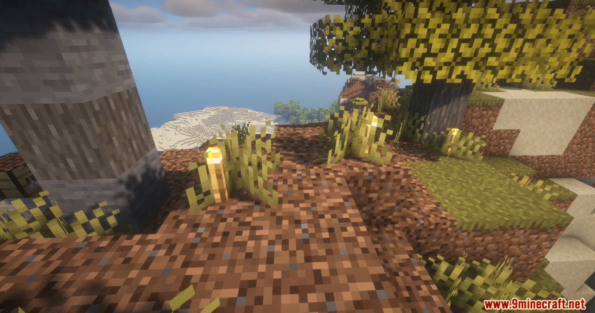 Minecraft landscape showing natural terrain with trees and torches on a hill