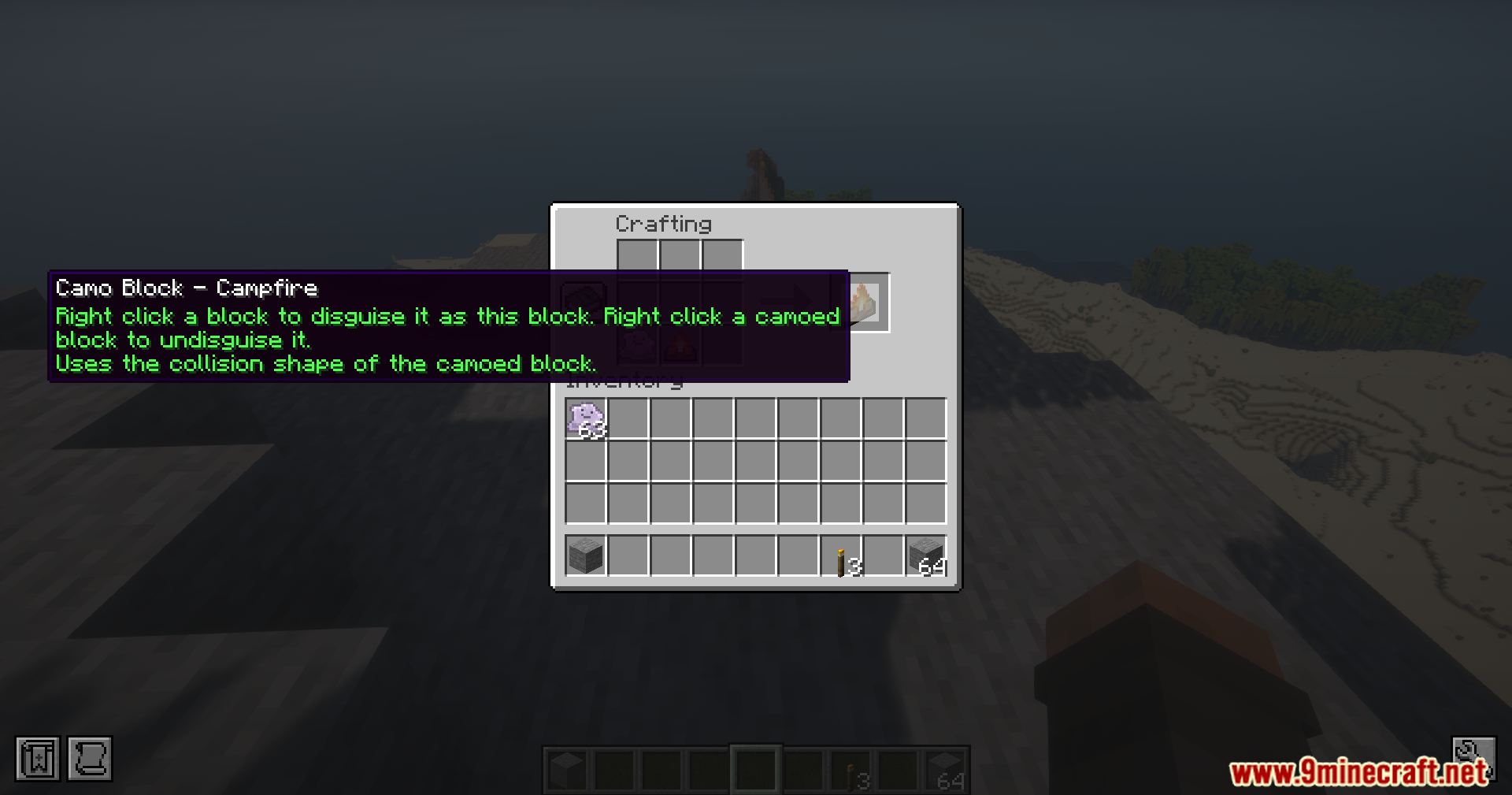 Crafting menu showing a Camo Block item with a detailed tooltip