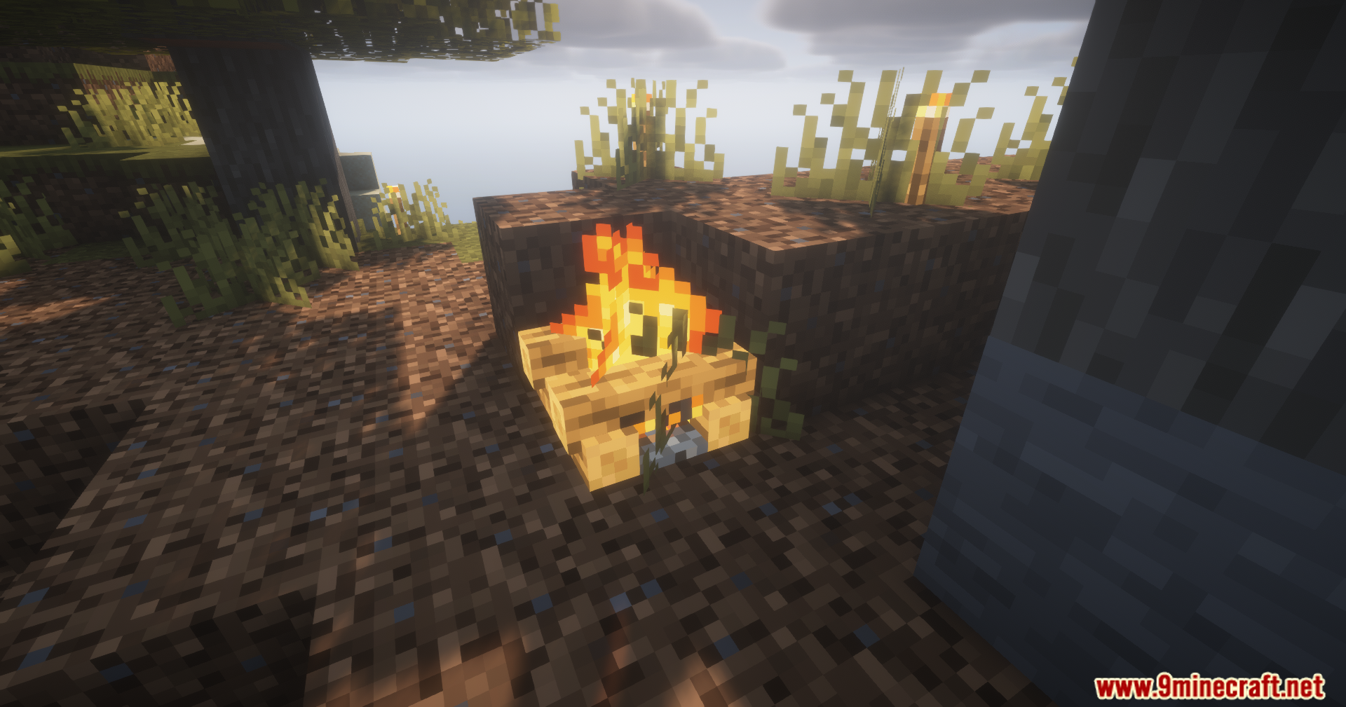 A lit campfire burning on dirt blocks in a Minecraft forest