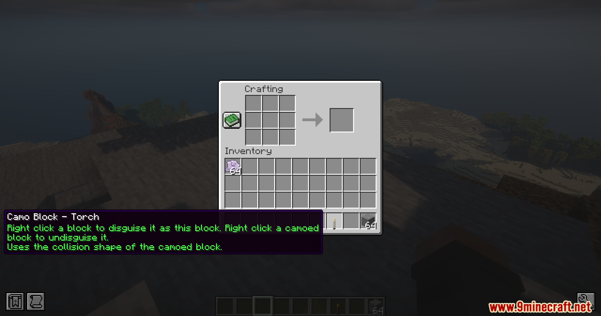 Inventory screen showing the description for a camo block torch in Minecraft