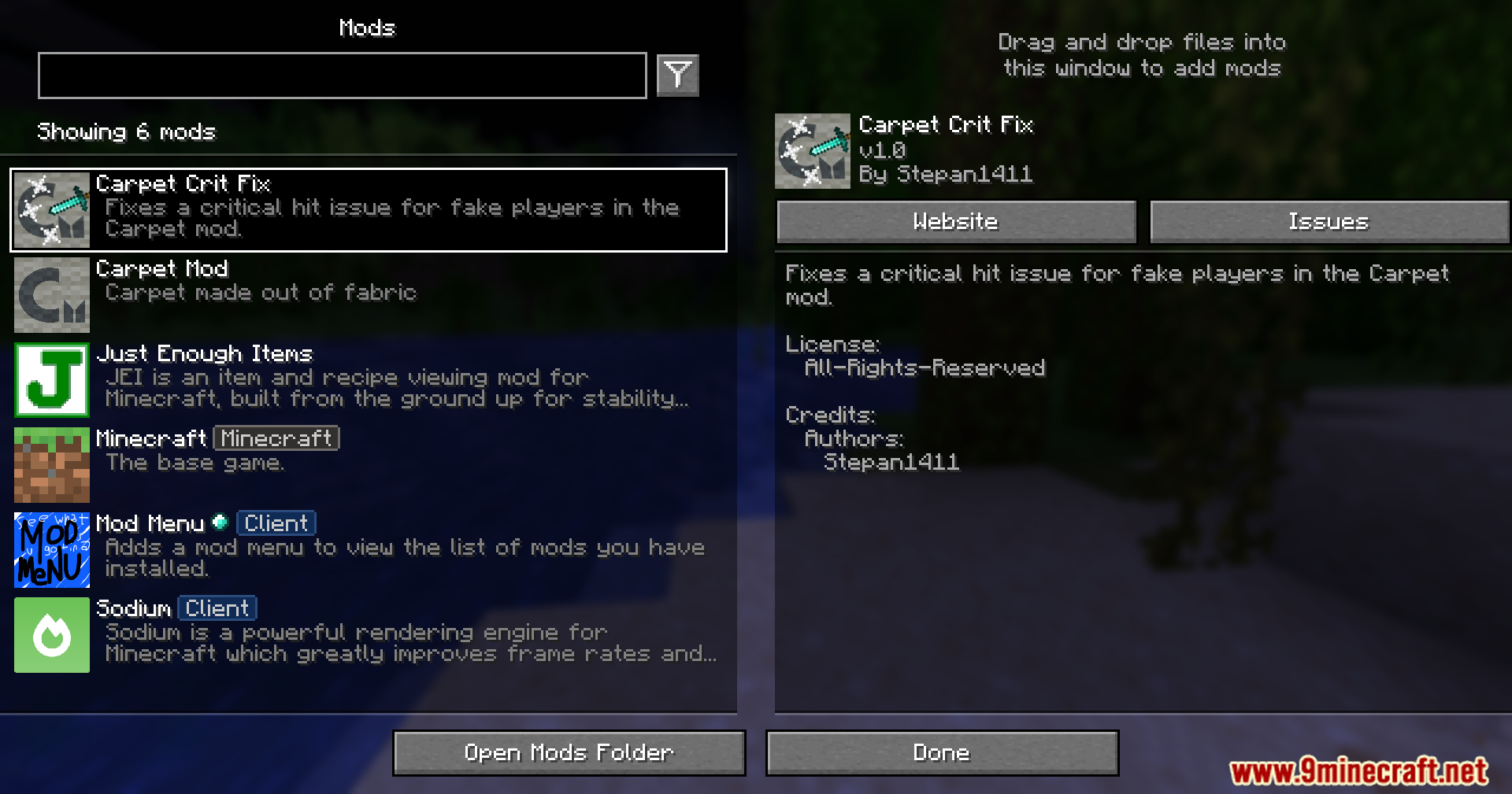Carpet Crit Fix Mod Screenshot 1 The mod menu interface showing the Carpet Crit Fix mod details