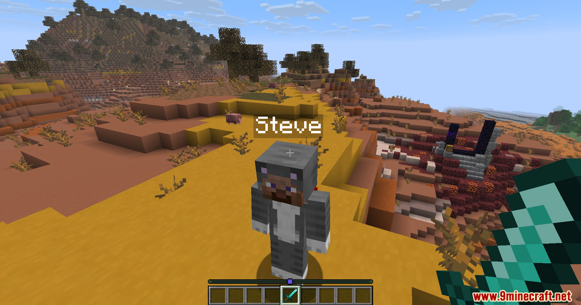 Carpet Crit Fix Mod Screenshot 10 Steve in a cat costume stands near a ruined portal in the mesa