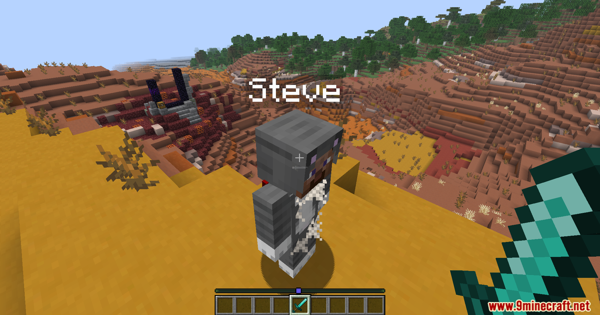Carpet Crit Fix Mod Screenshot 8 Simulated player Steve holds a diamond sword near a ruined portal