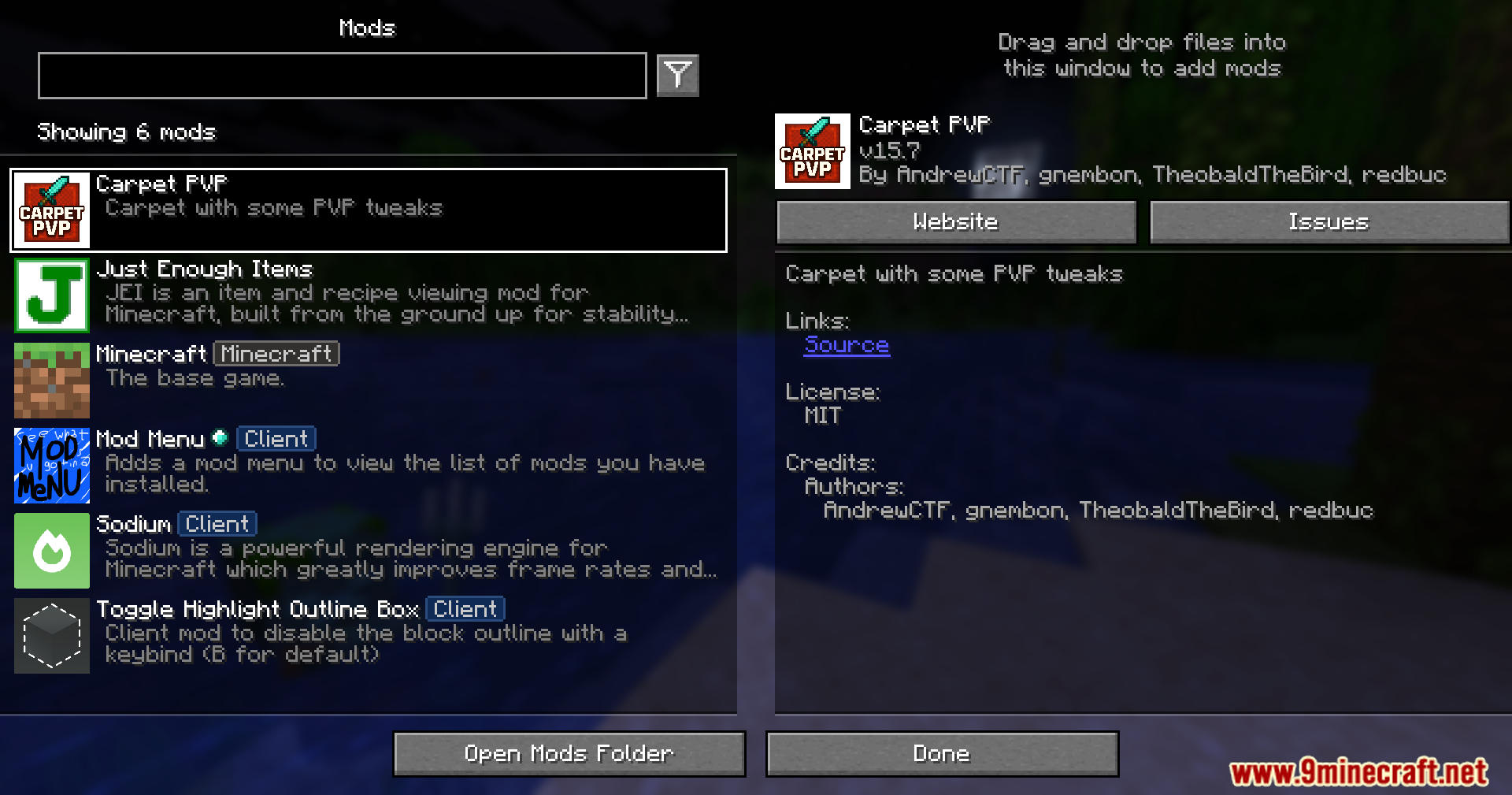 Carpet Pvp Practice Mod Screenshot 1 A Minecraft mod menu interface showing Carpet PVP and other installed mods
