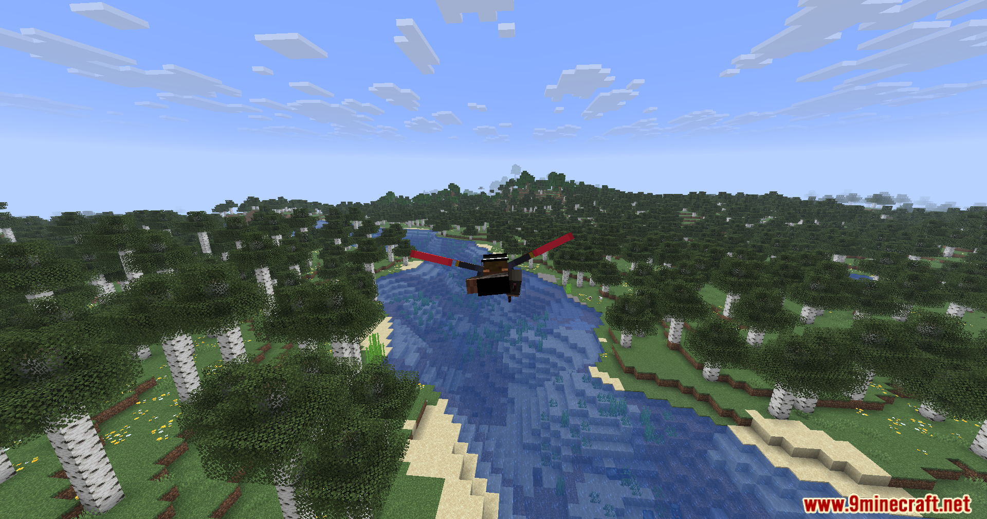 Carpet Pvp Practice Mod Screenshot 10 A player gliding over a river with red and black elytra wings