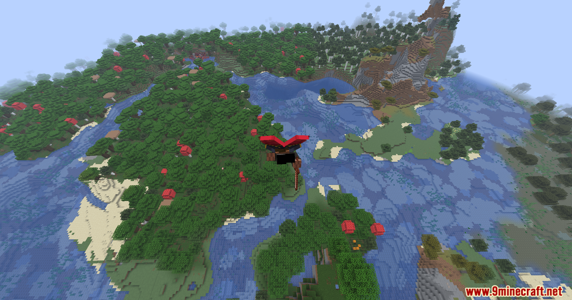 Carpet Pvp Practice Mod Screenshot 2 Player character gliding through the air with an elytra over a forest biome