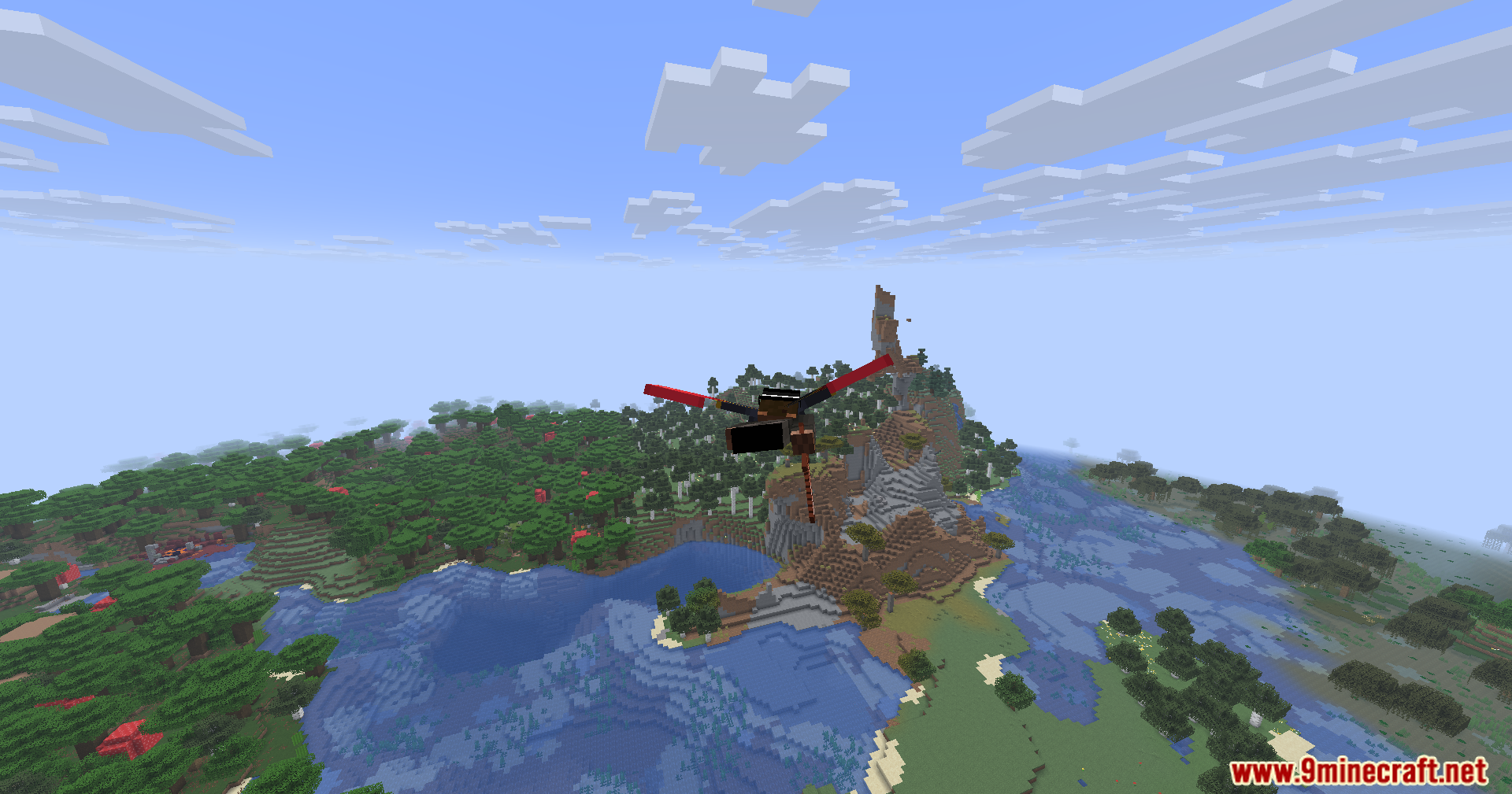 Carpet Pvp Practice Mod Screenshot 3 A player glides through the air using red elytra wings over a mountain landscape