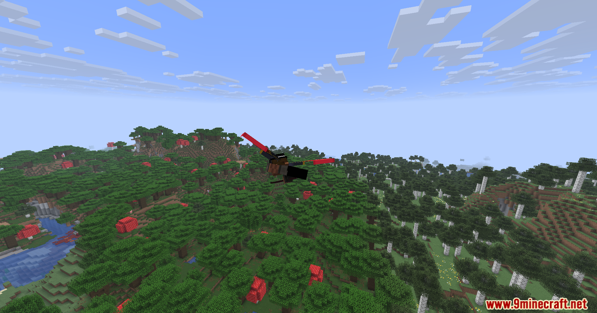 Carpet Pvp Practice Mod Screenshot 4 A player glides over a forest with red mushrooms using red elytra wings