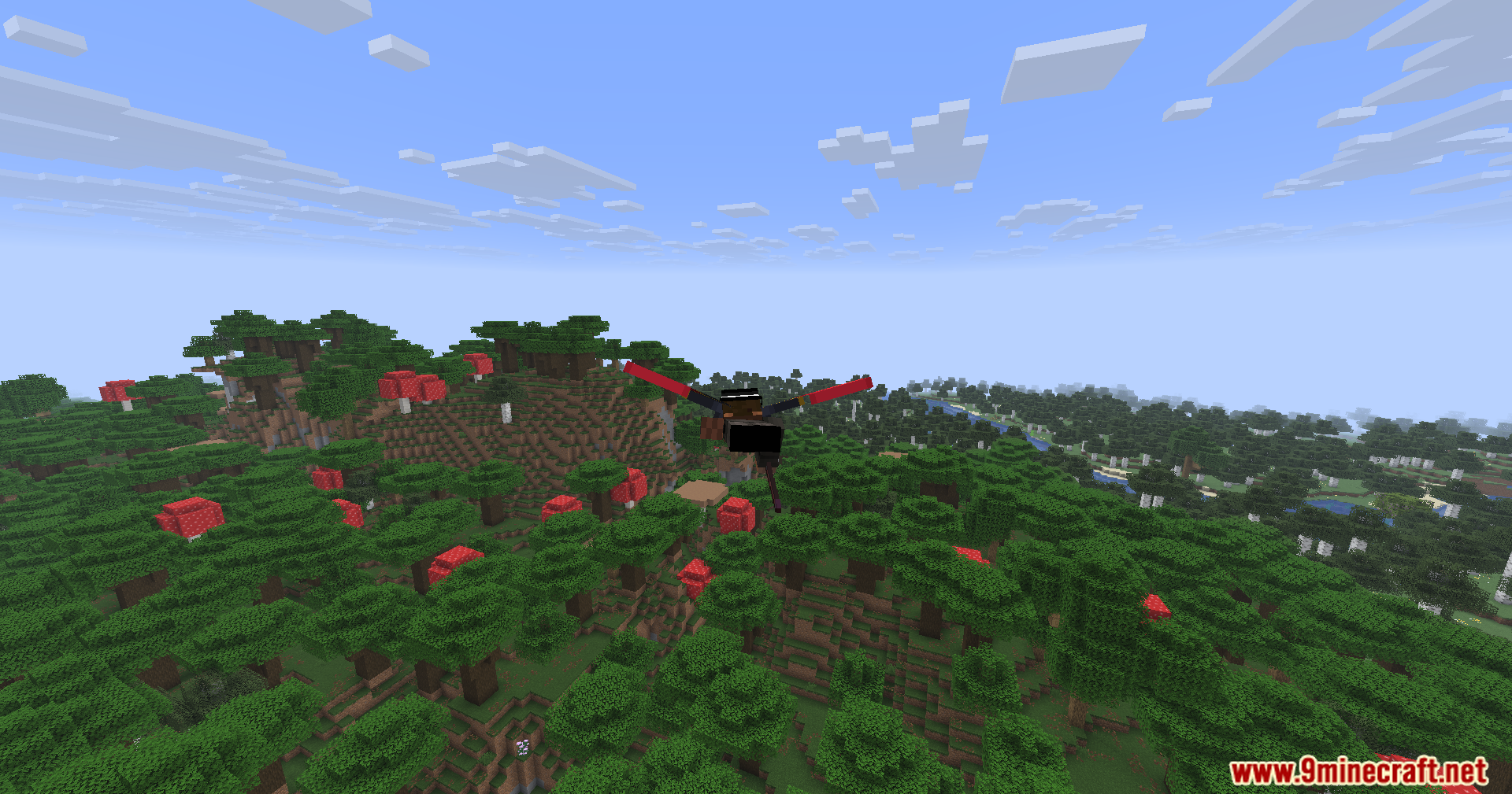 Carpet Pvp Practice Mod Screenshot 6 Character flying with red elytra wings over a dark oak forest biome