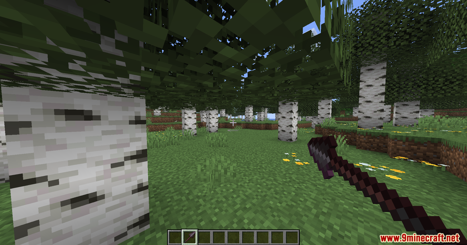 Carpet Pvp Practice Mod Screenshot 8 First person view of a player holding a custom spear in birch forest
