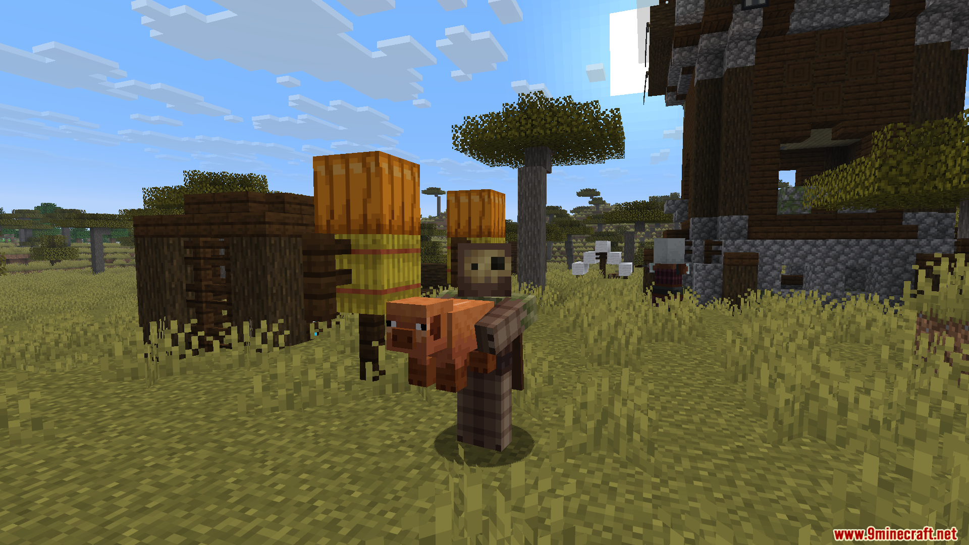 Carry Me Mod Screenshot 1 A player character carrying a pig in front of a pillager outpost