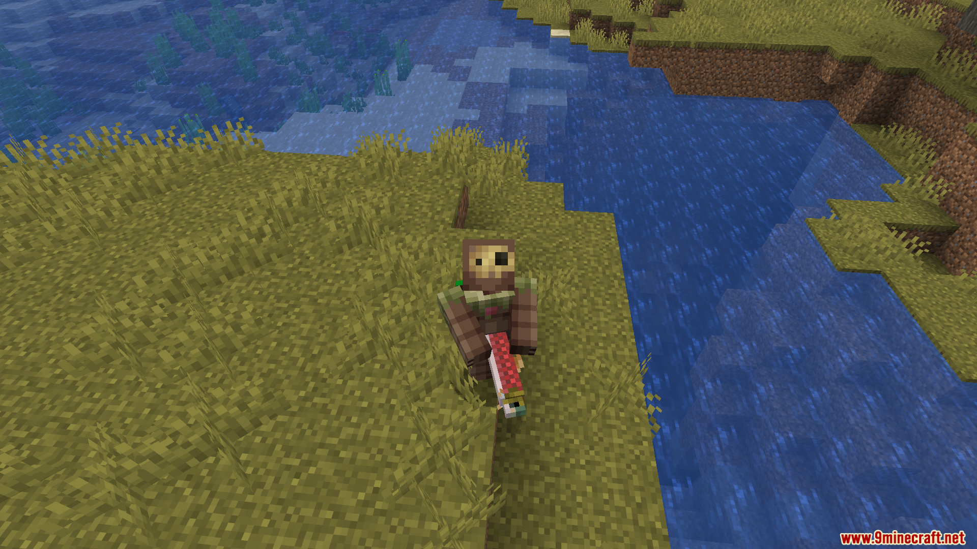 Carry Me Mod Screenshot 4 A player holding a large salmon while standing near a river bank