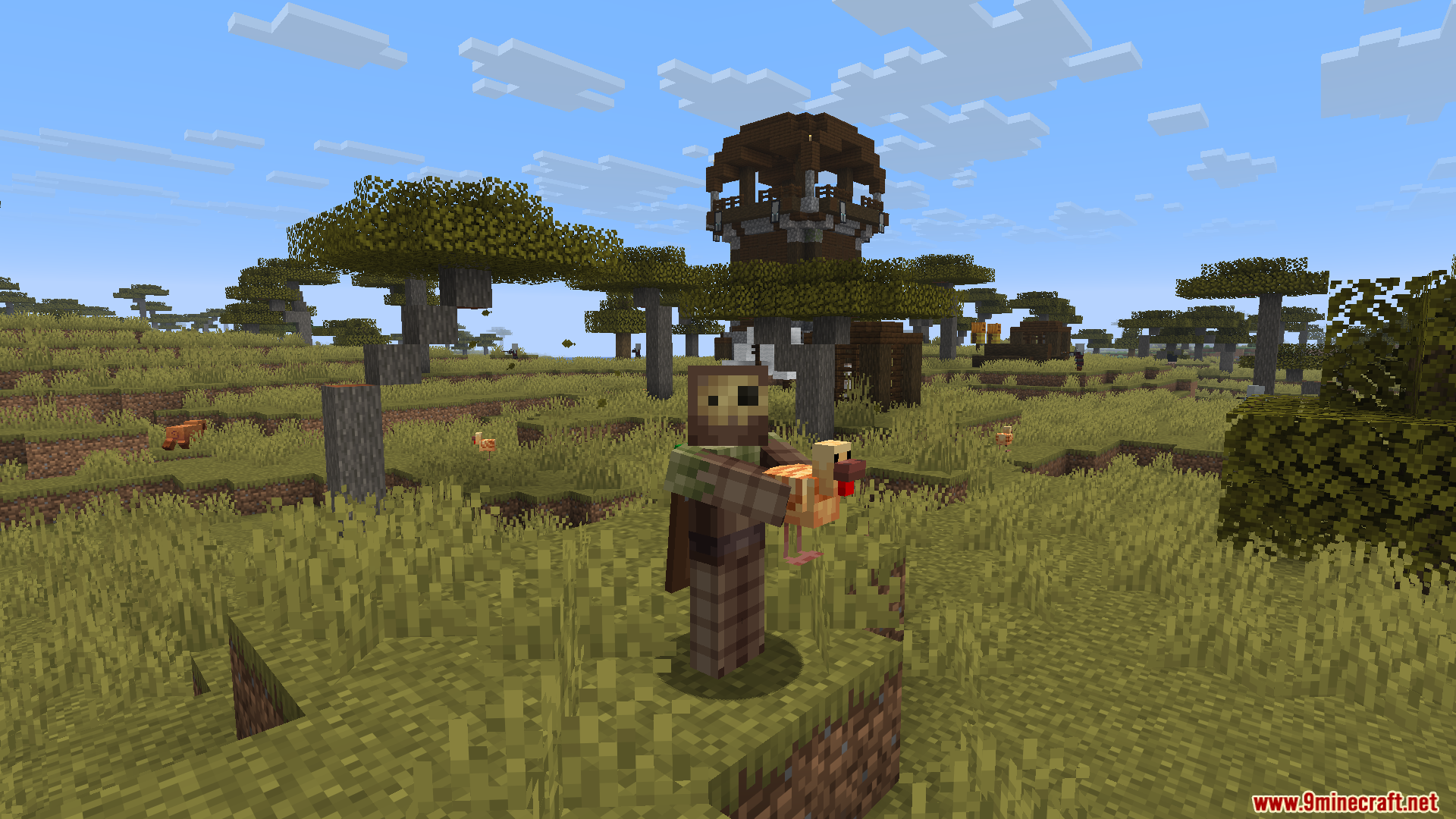 Carry Me Mod Screenshot 7 A player character carrying a chicken near a pillager outpost in the savanna