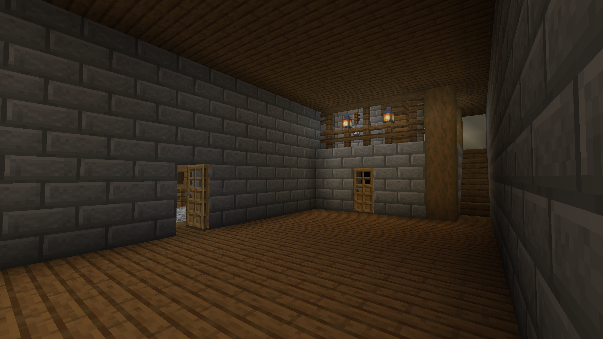 Casa SteamPunk Schematic Screenshots 1 Interior view of a stone brick house with wooden floors and stairs