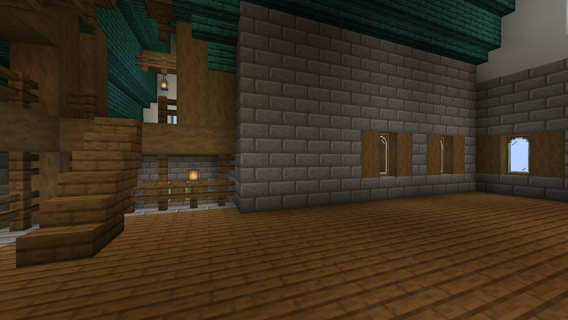 Casa SteamPunk Schematic Screenshots 2 Spacious interior of a Minecraft house with stone walls and a teal roof