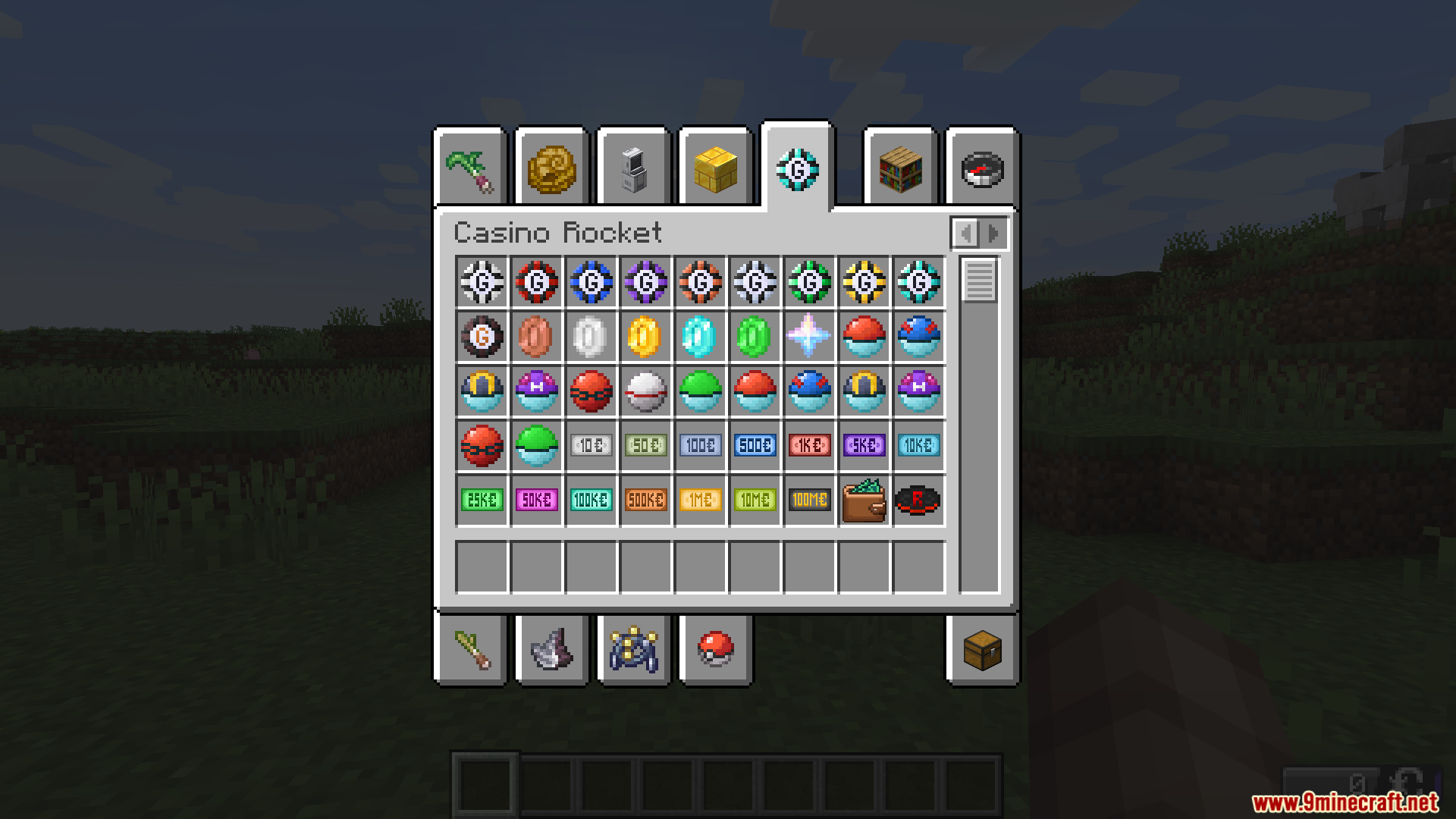 Minecraft inventory screen showing various casino chips and colorful currency items