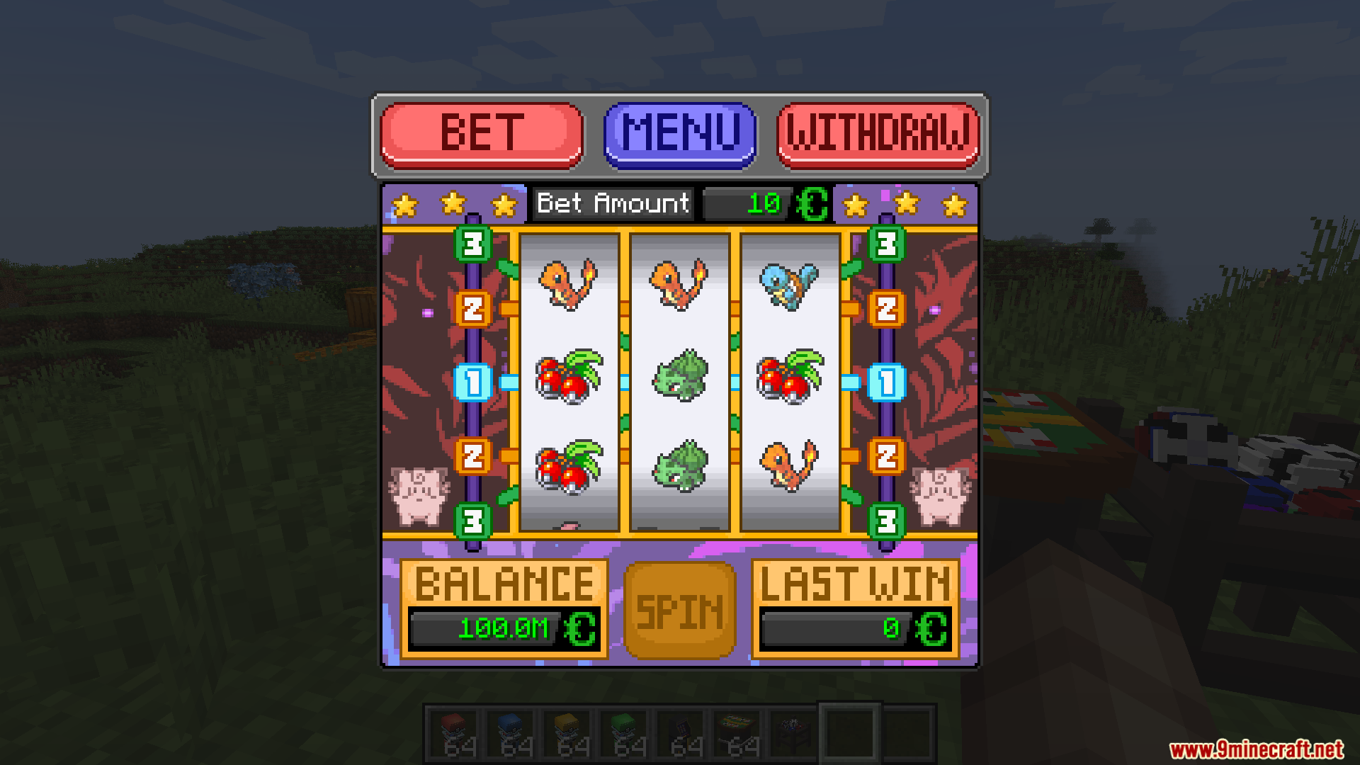 Slot machine interface featuring various Pokemon themed symbols in Minecraft