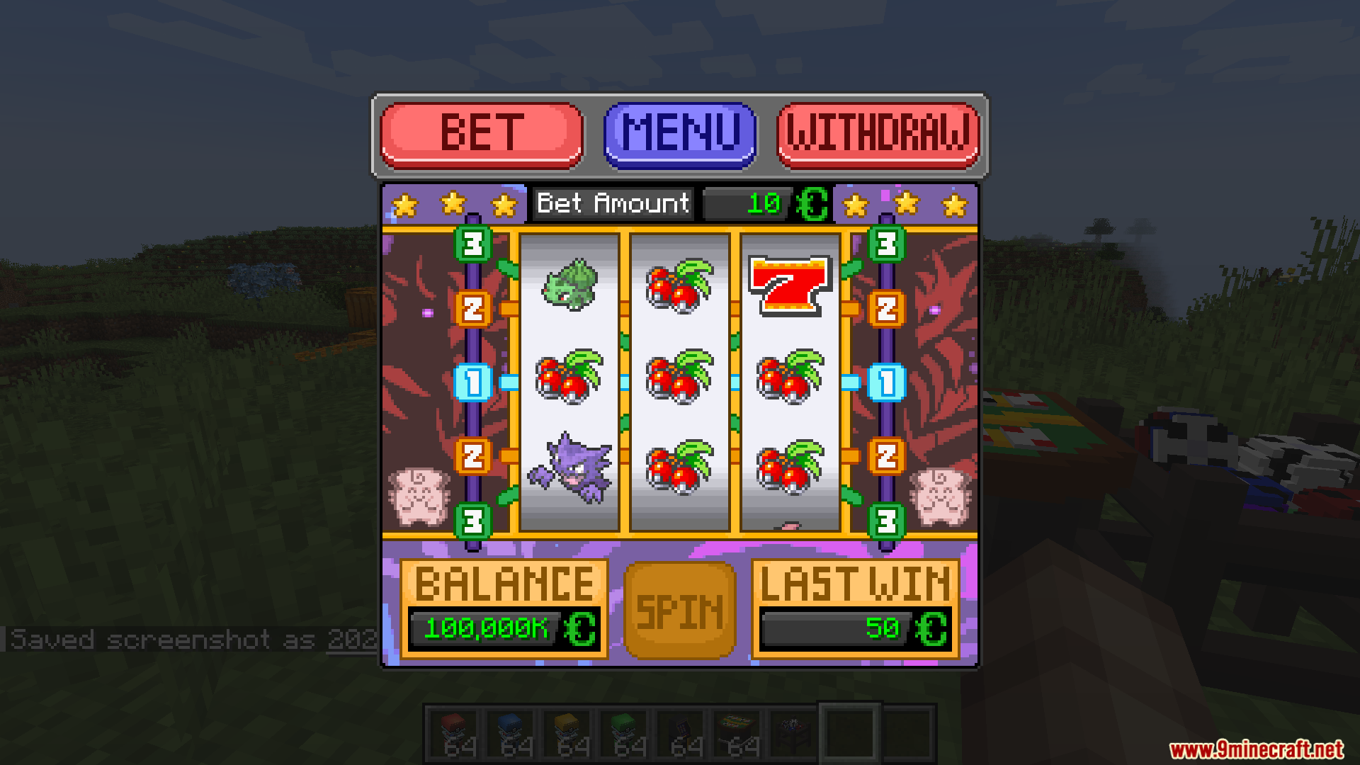 Player wins fifty coins by matching Poke Ball symbols on the machine