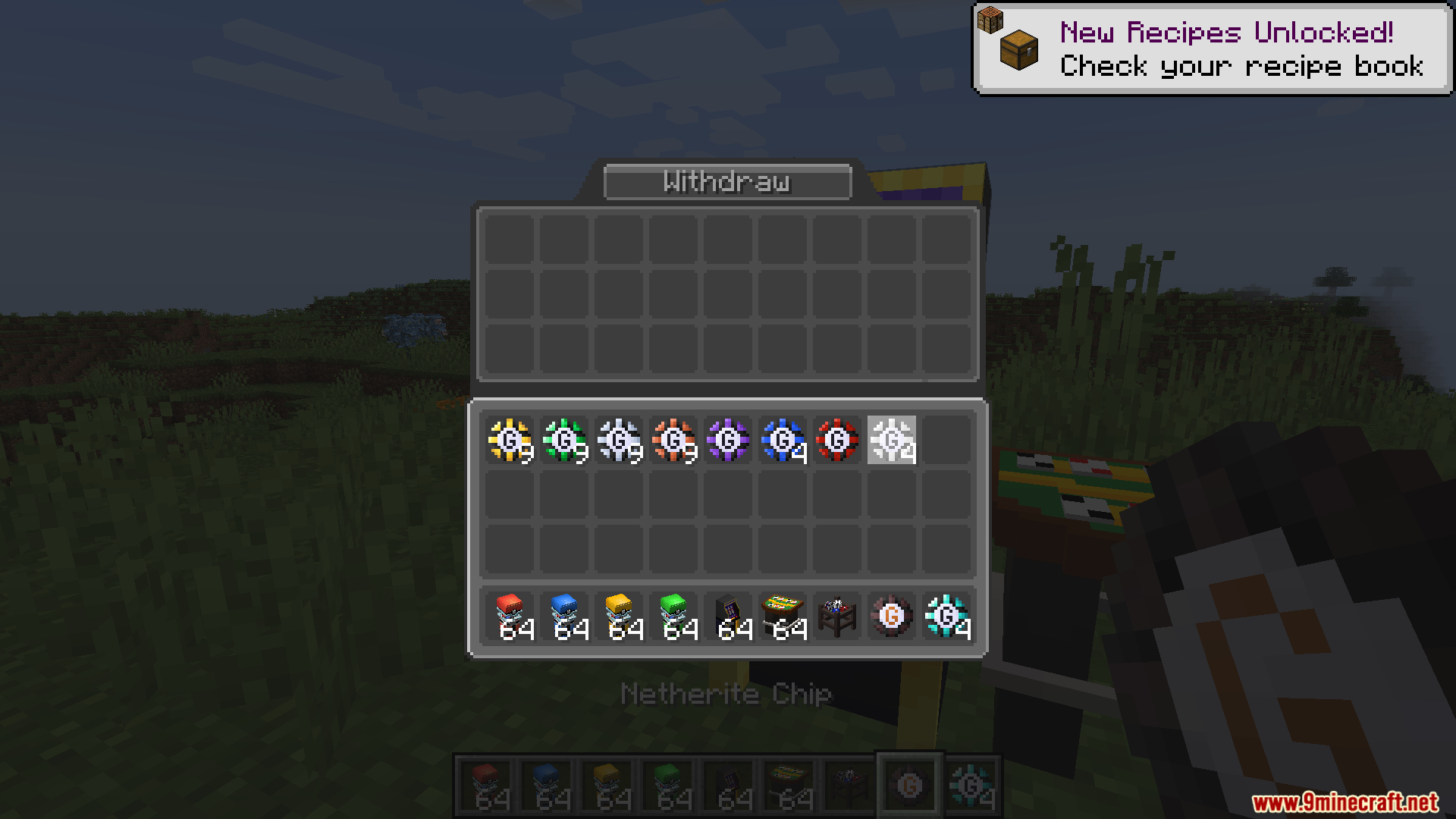 The withdraw menu displaying a selection of colorful gear shaped netherite chips