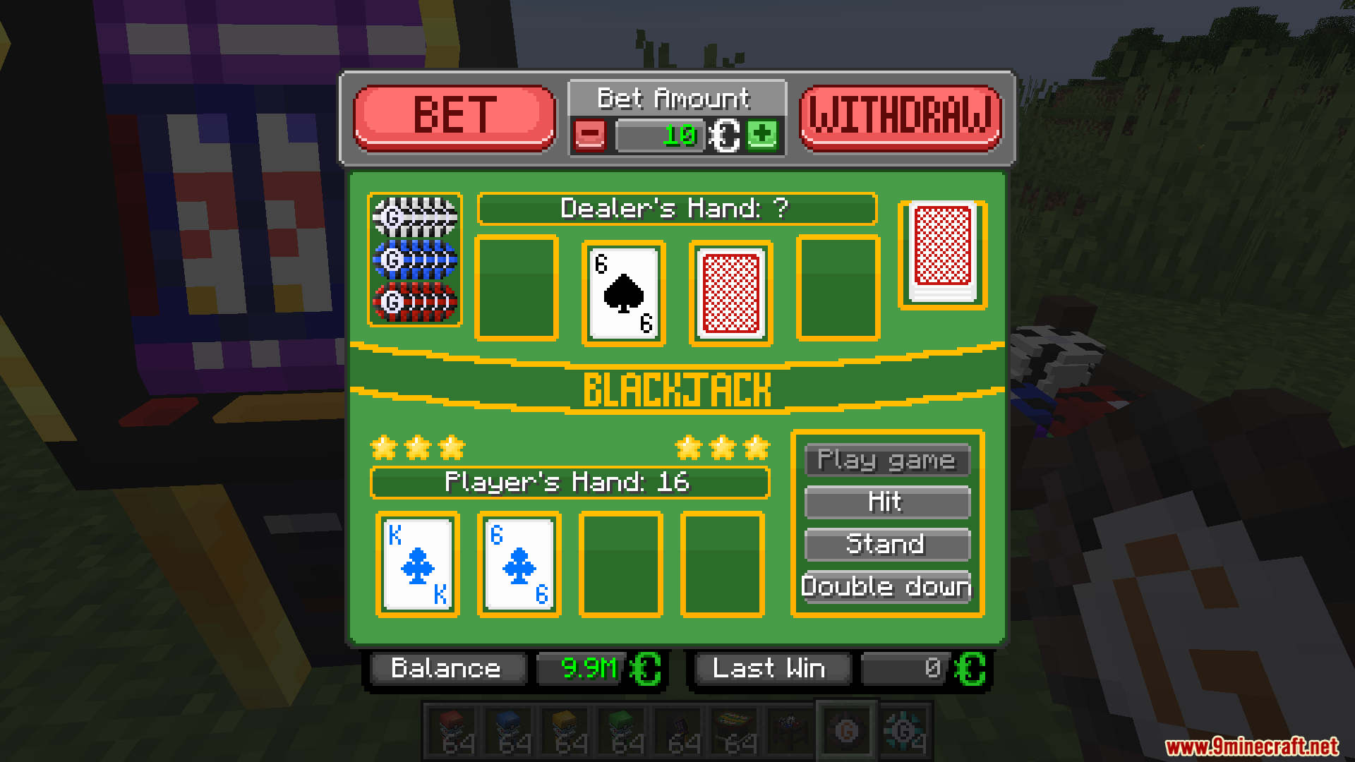 Minecraft user interface showing a blackjack card game with betting options