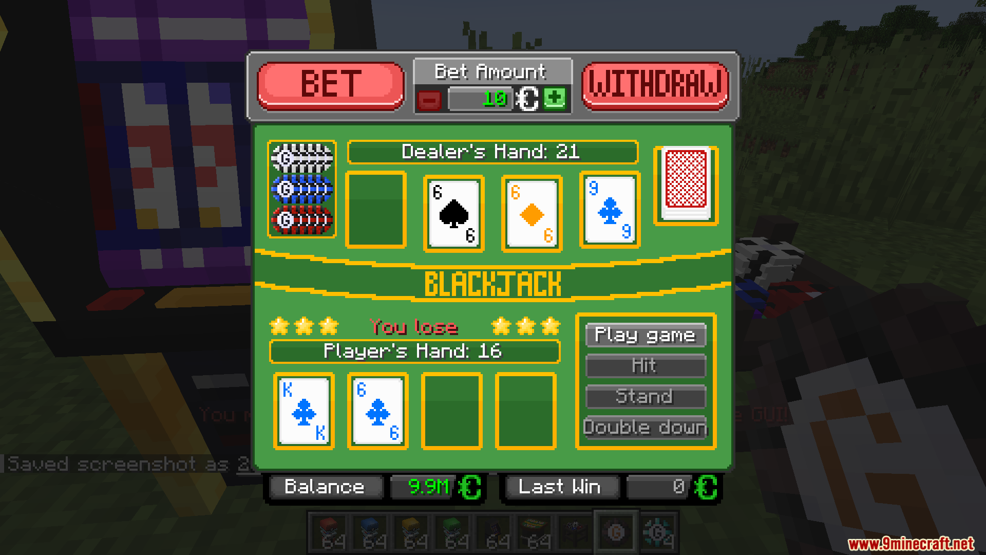 The blackjack game interface showing a losing hand against the dealer