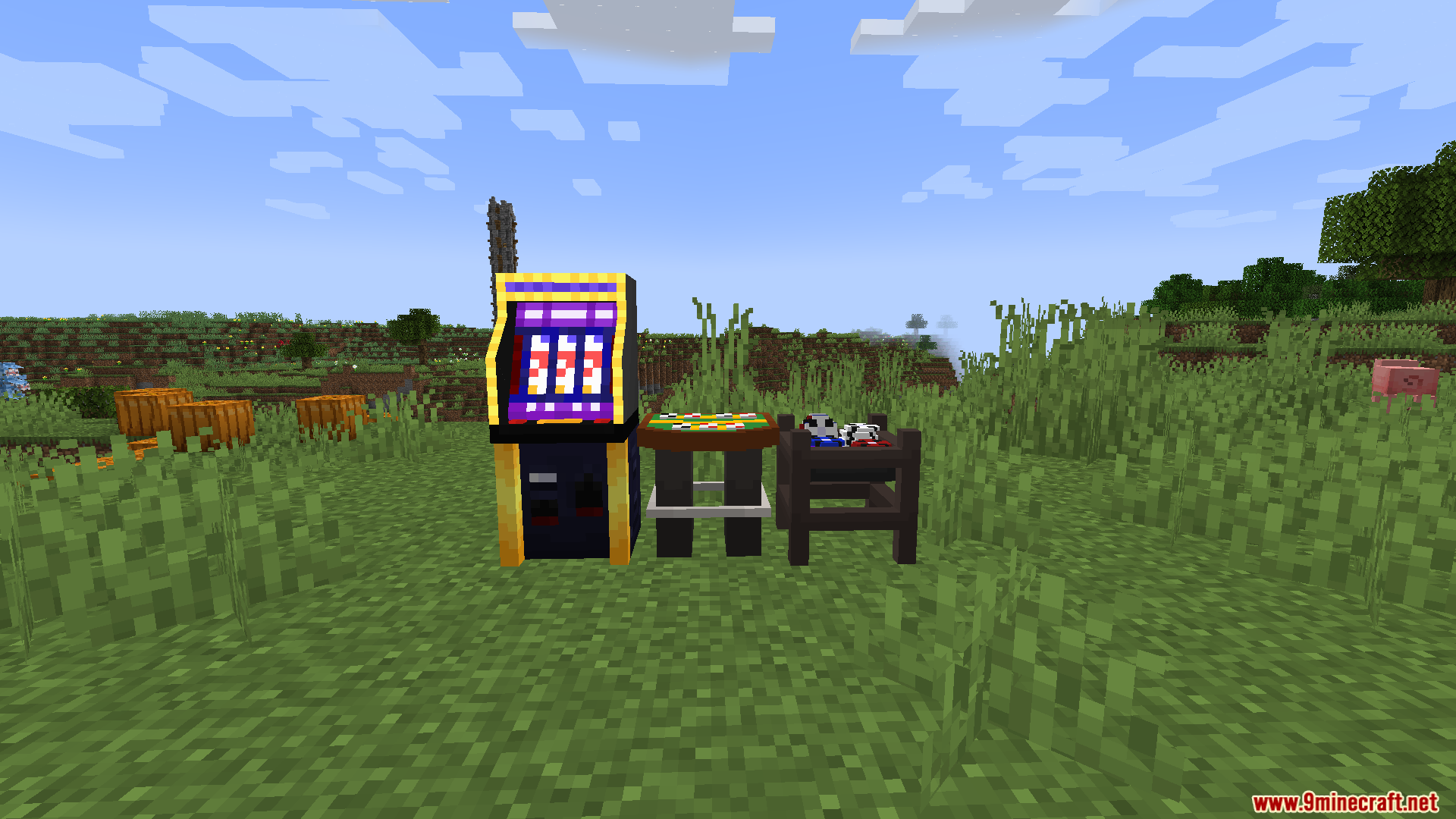 Various casino machines and game tables placed in a grassy Minecraft field
