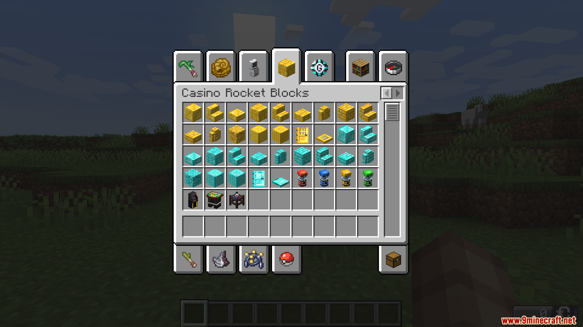 Minecraft inventory screen displaying decorative blocks and slot machines for casinos