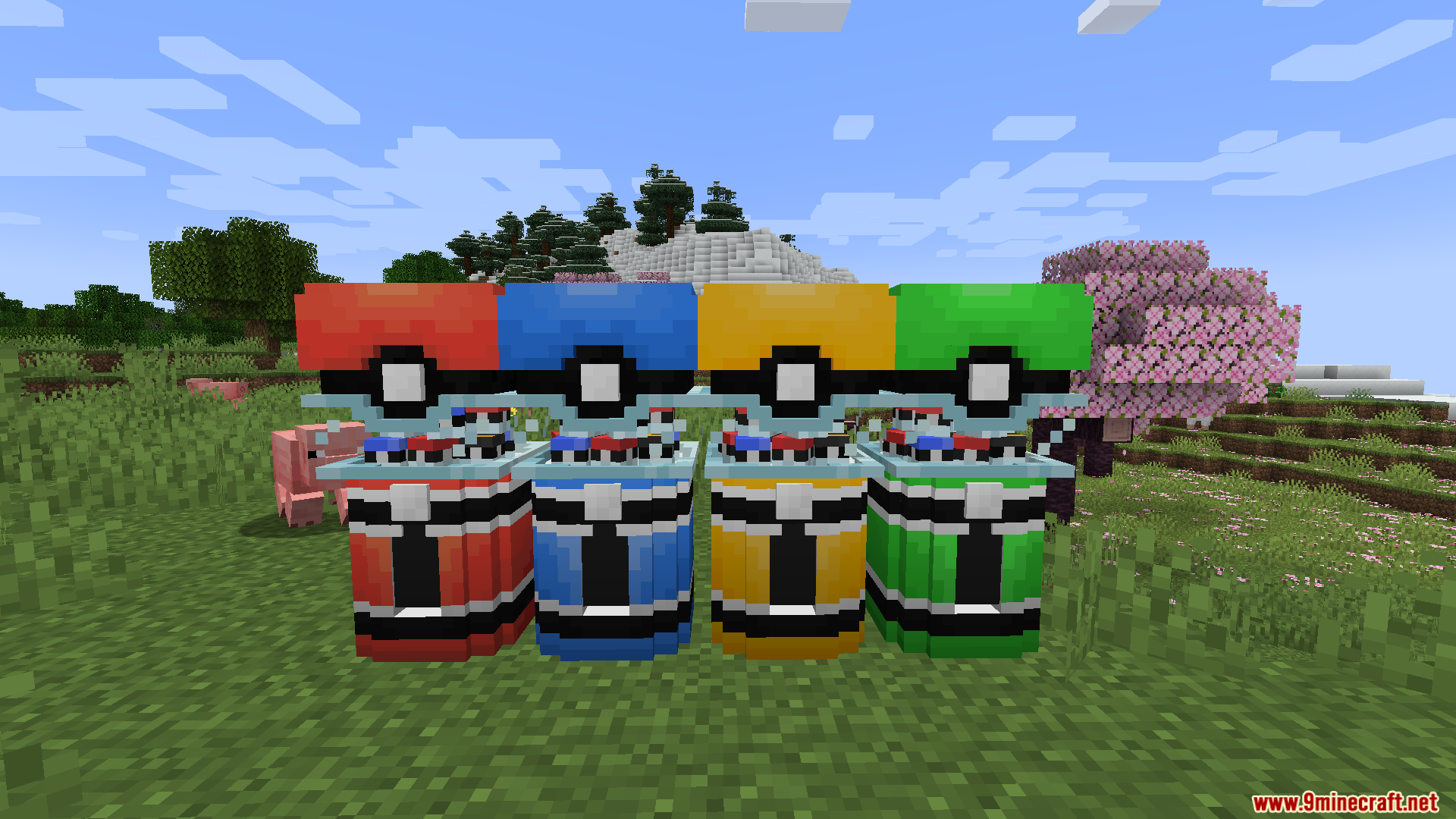 Four colorful gacha machines from Casino Rocket Mod stand in a field