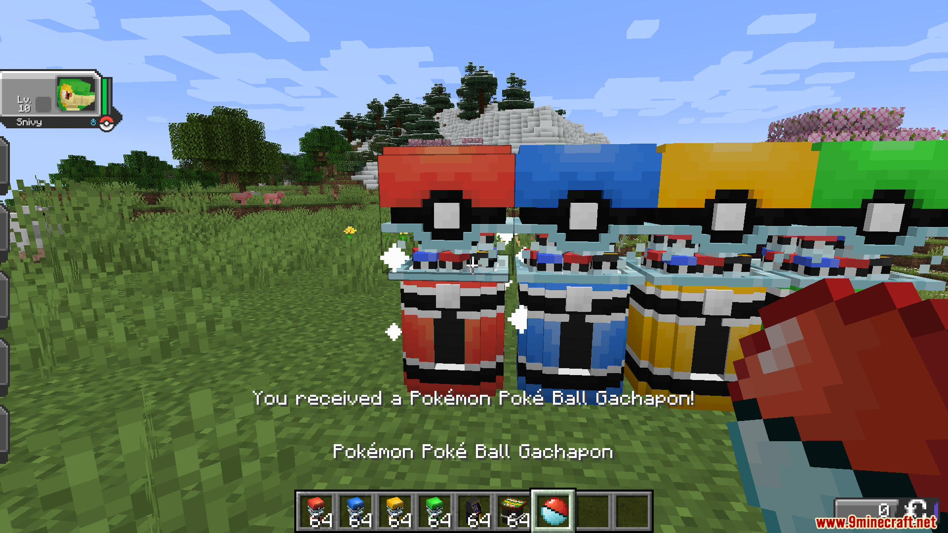 Colorful Poke Ball gachapon machines from the Casino Rocket mod in Minecraft