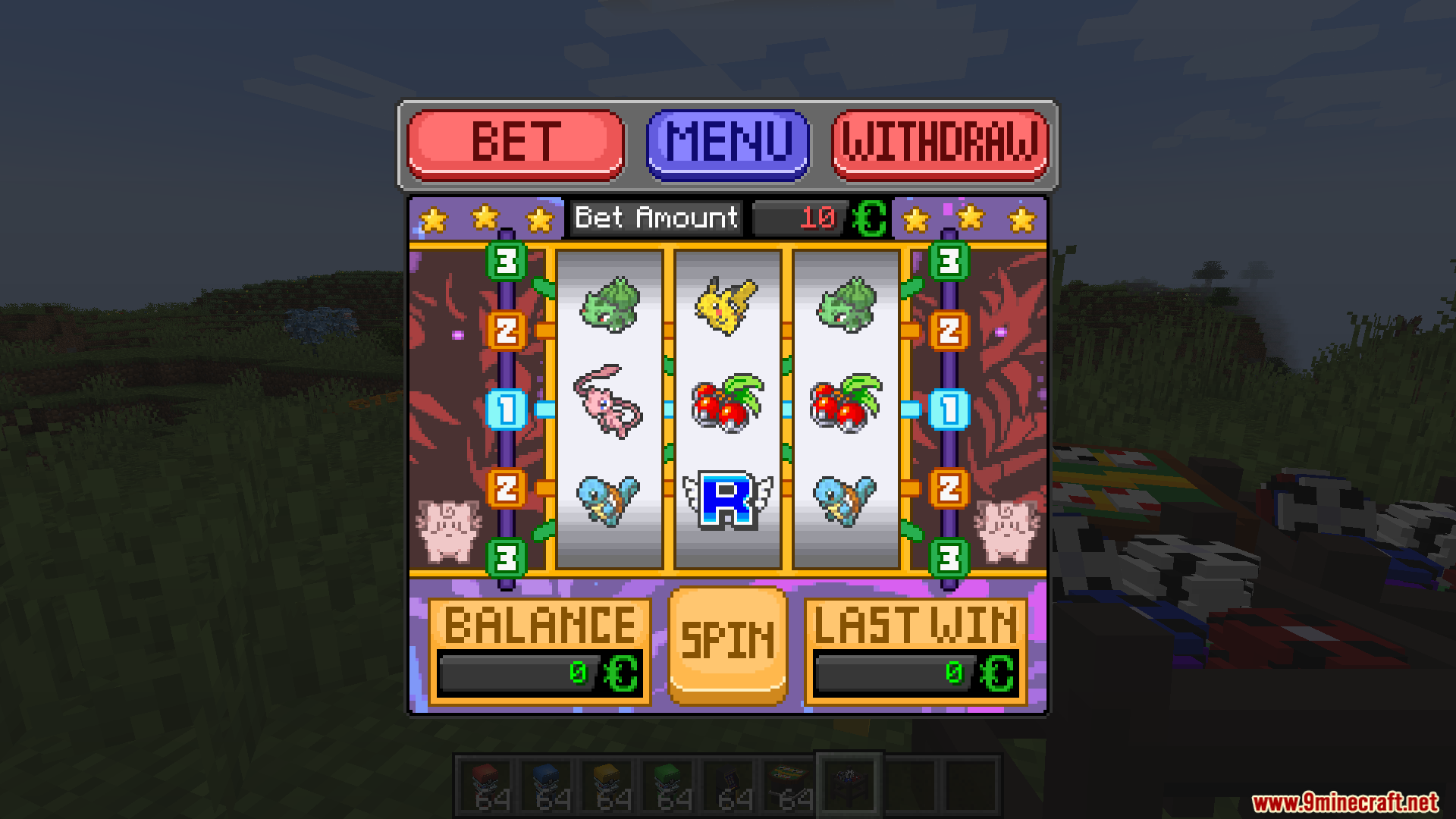 A slot machine interface featuring various Cobblemon icons and betting buttons