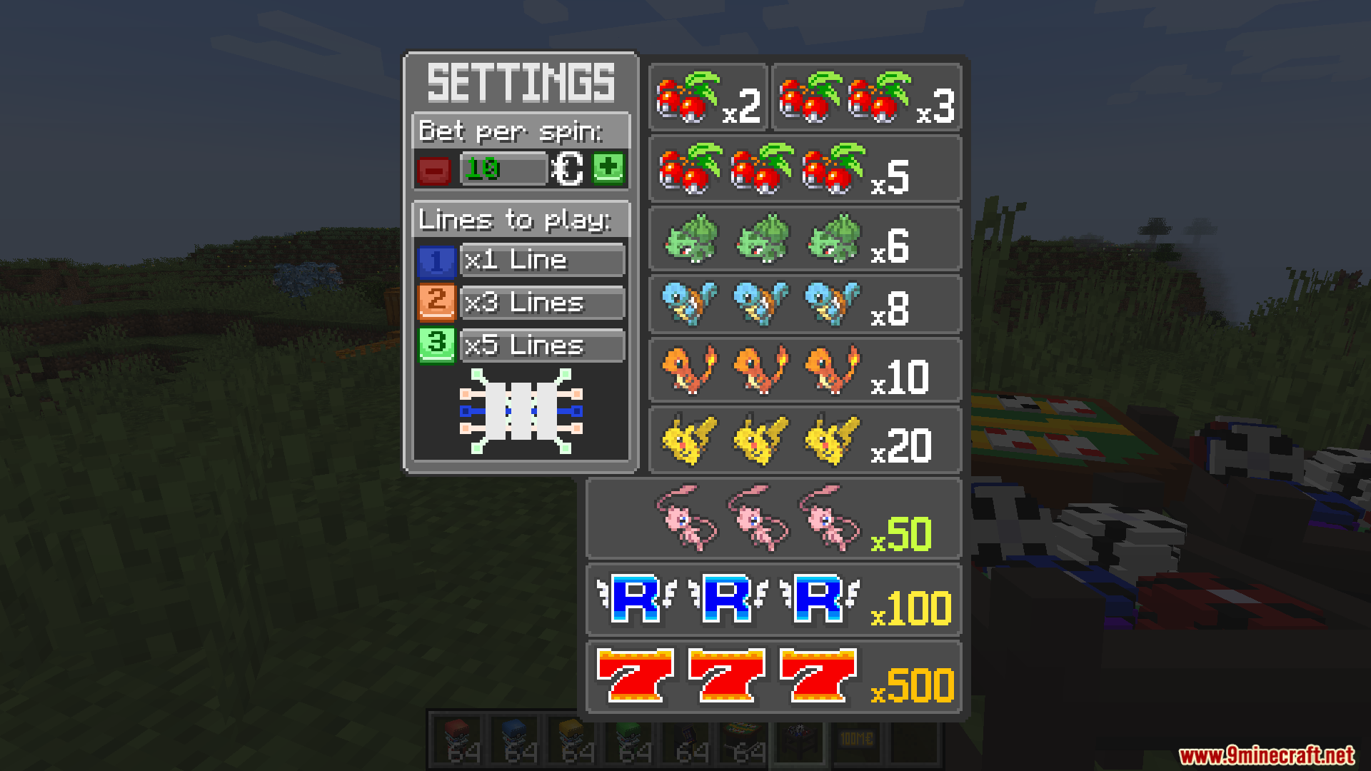 Casino Rocket Mod settings menu for a slot machine with Pokemon icons