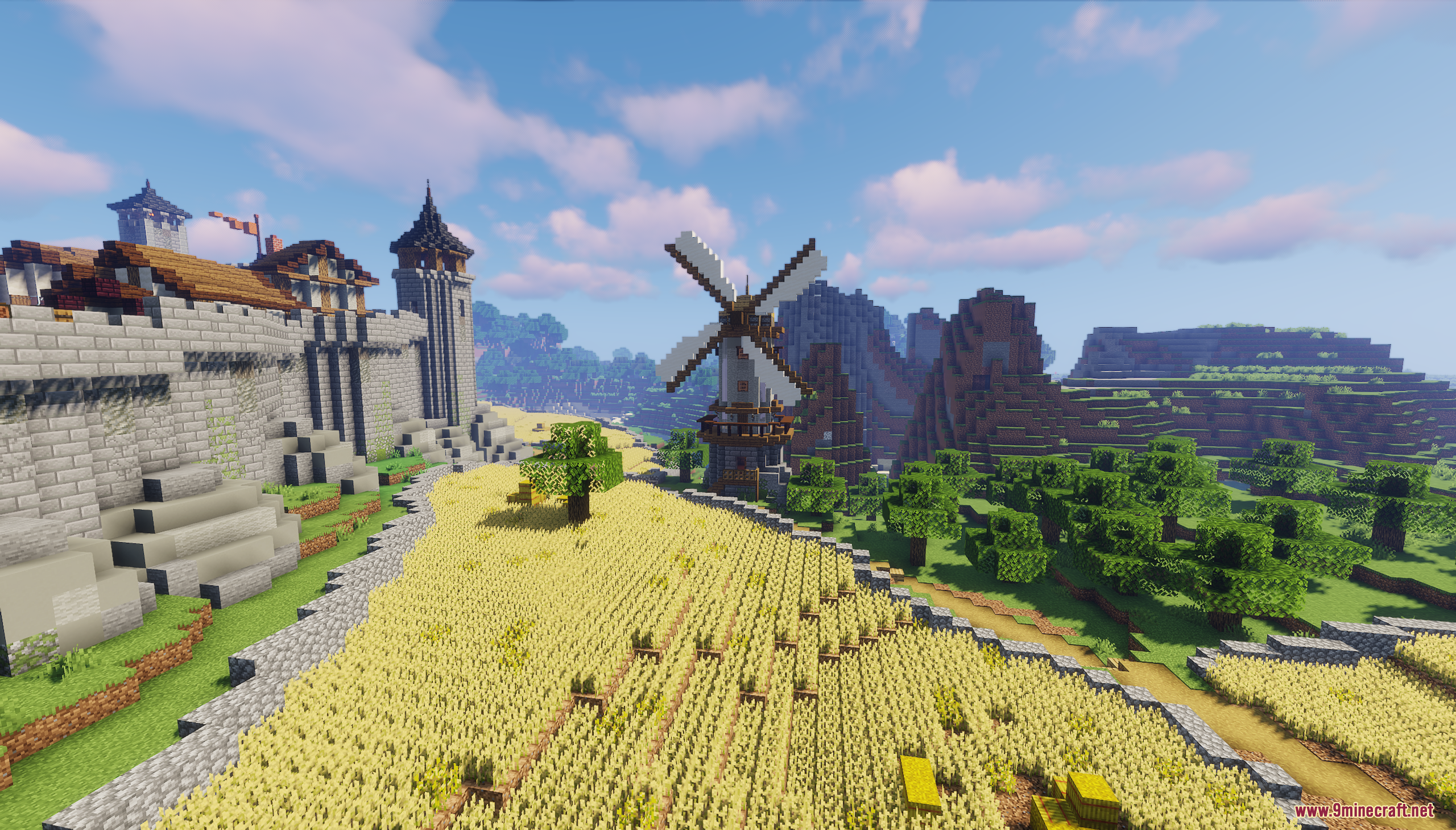 Castle Town Map Screenshot 2 A wooden windmill stands in a golden wheat field outside the castle