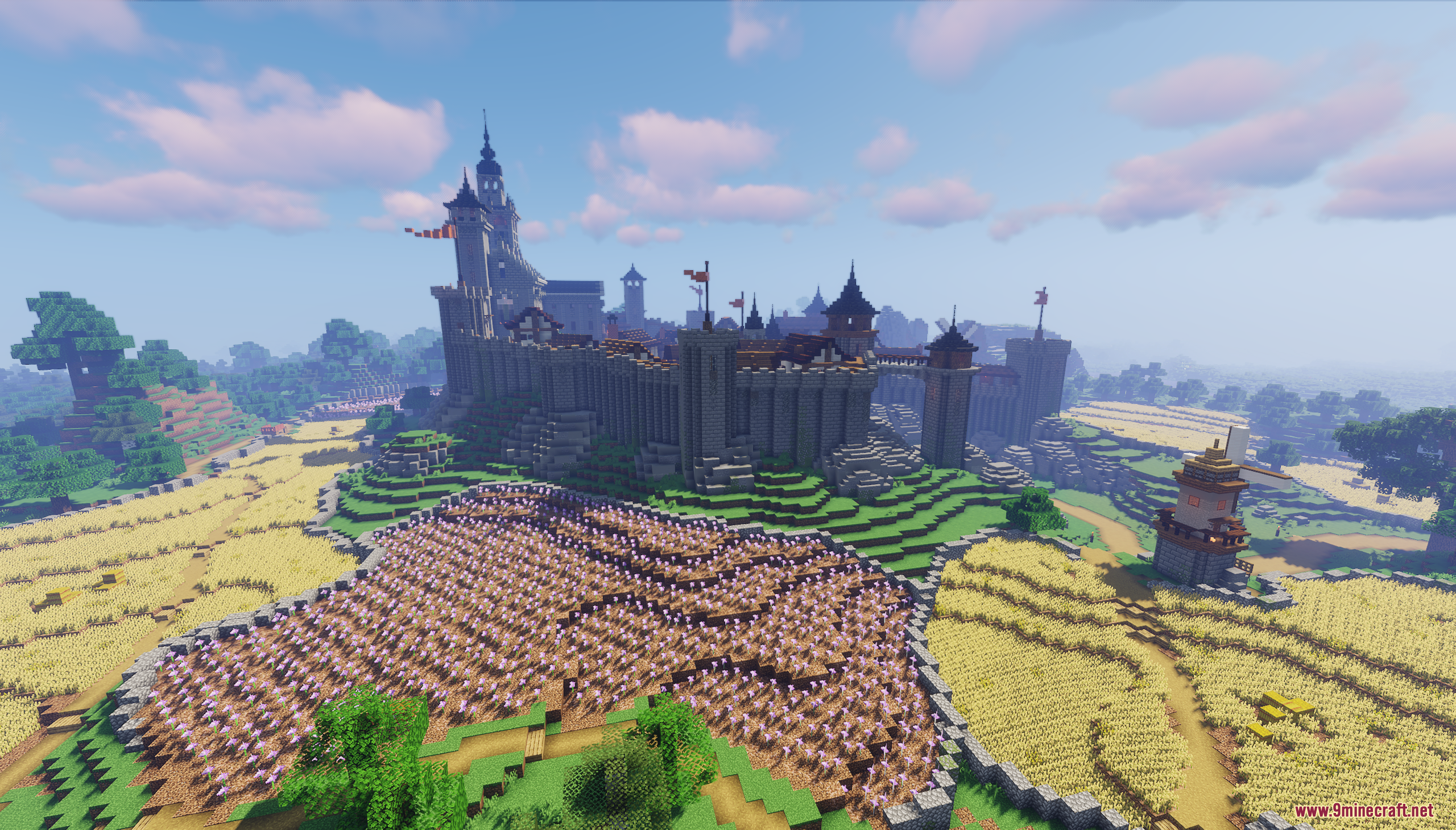 Castle Town Map Screenshot 4 A medieval castle on a hill behind a large purple crop field