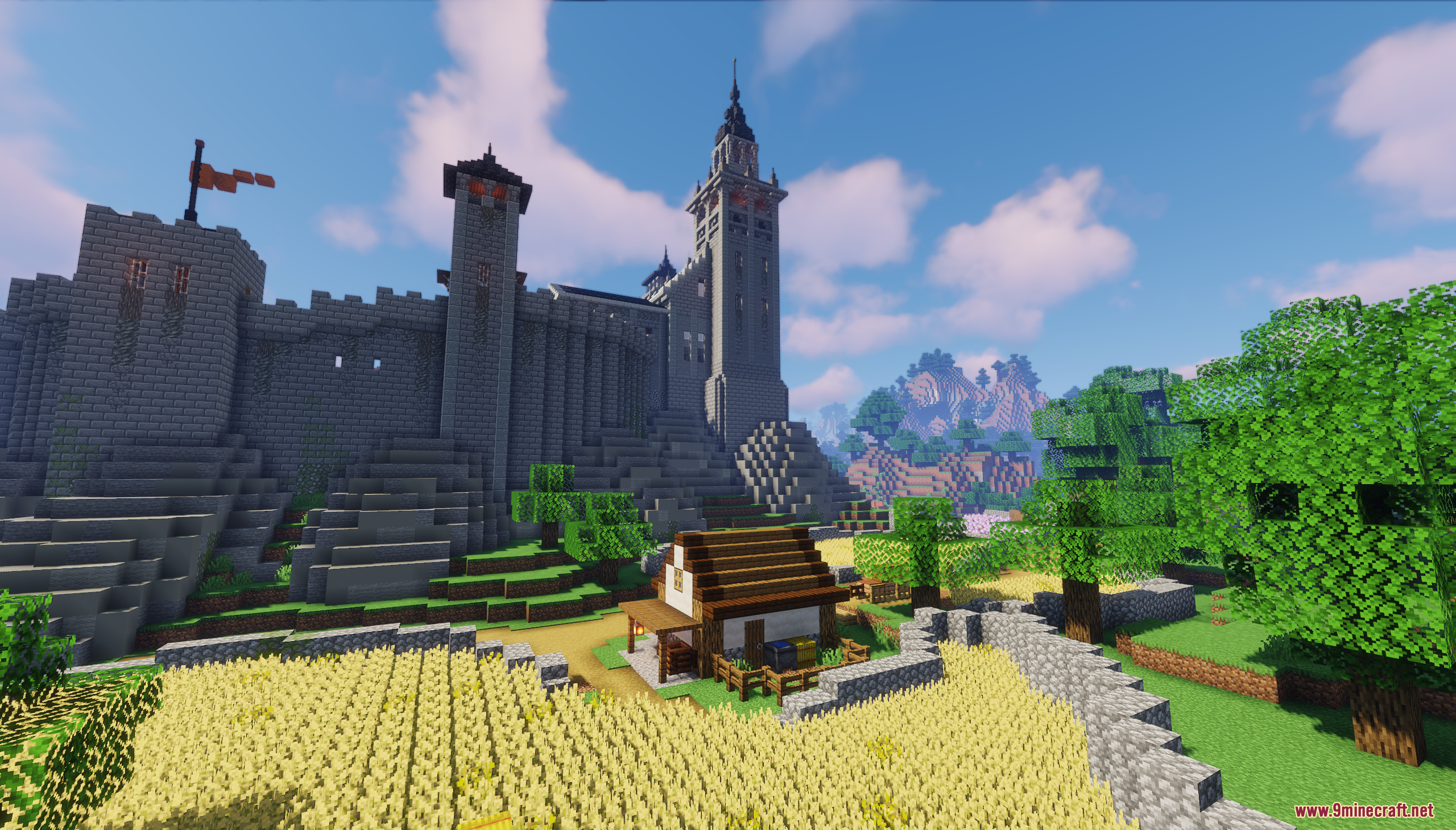 Castle Town Map Screenshot 7 A massive stone castle with a red flag overlooking golden wheat fields