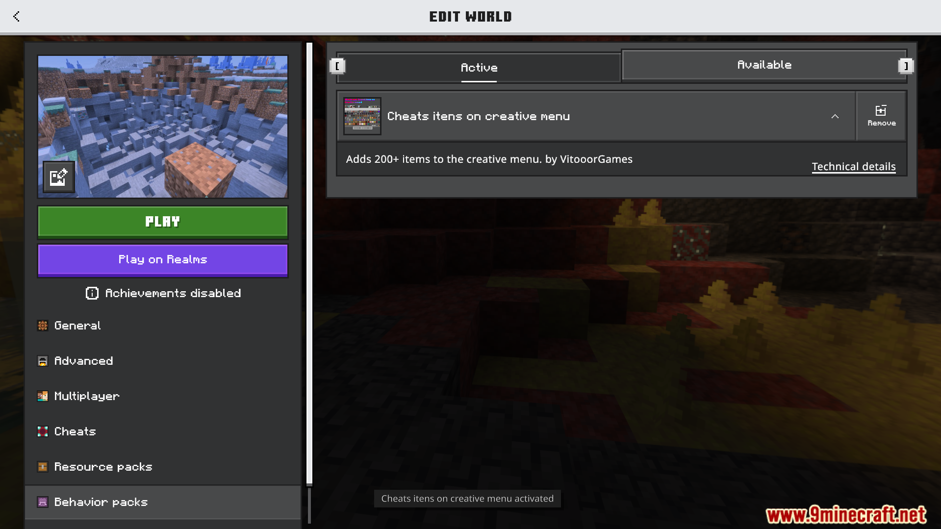 Minecraft edit world menu showing the active cheats and secret items behavior pack