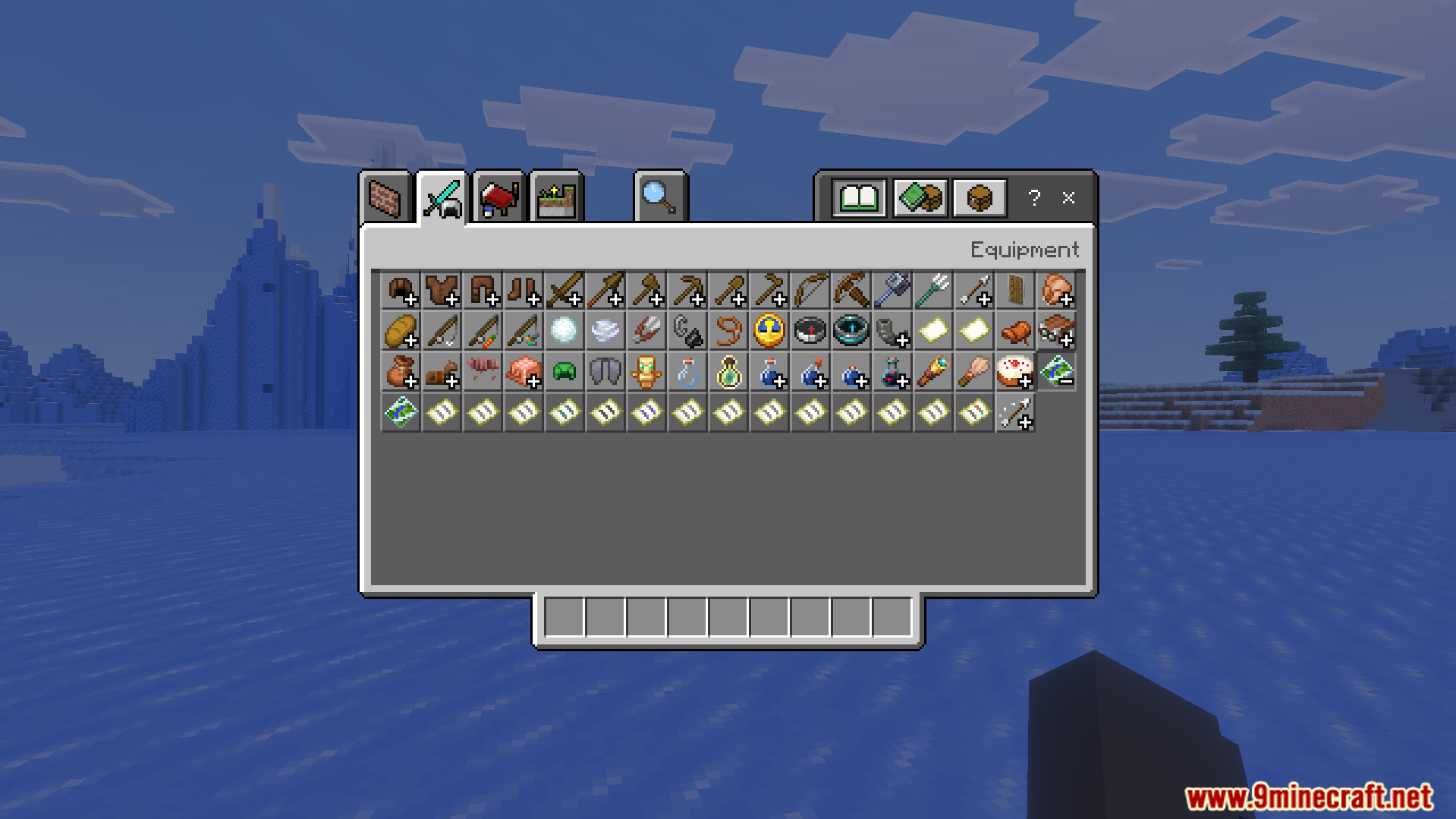 Minecraft creative inventory equipment tab displaying various hidden items and technical game content