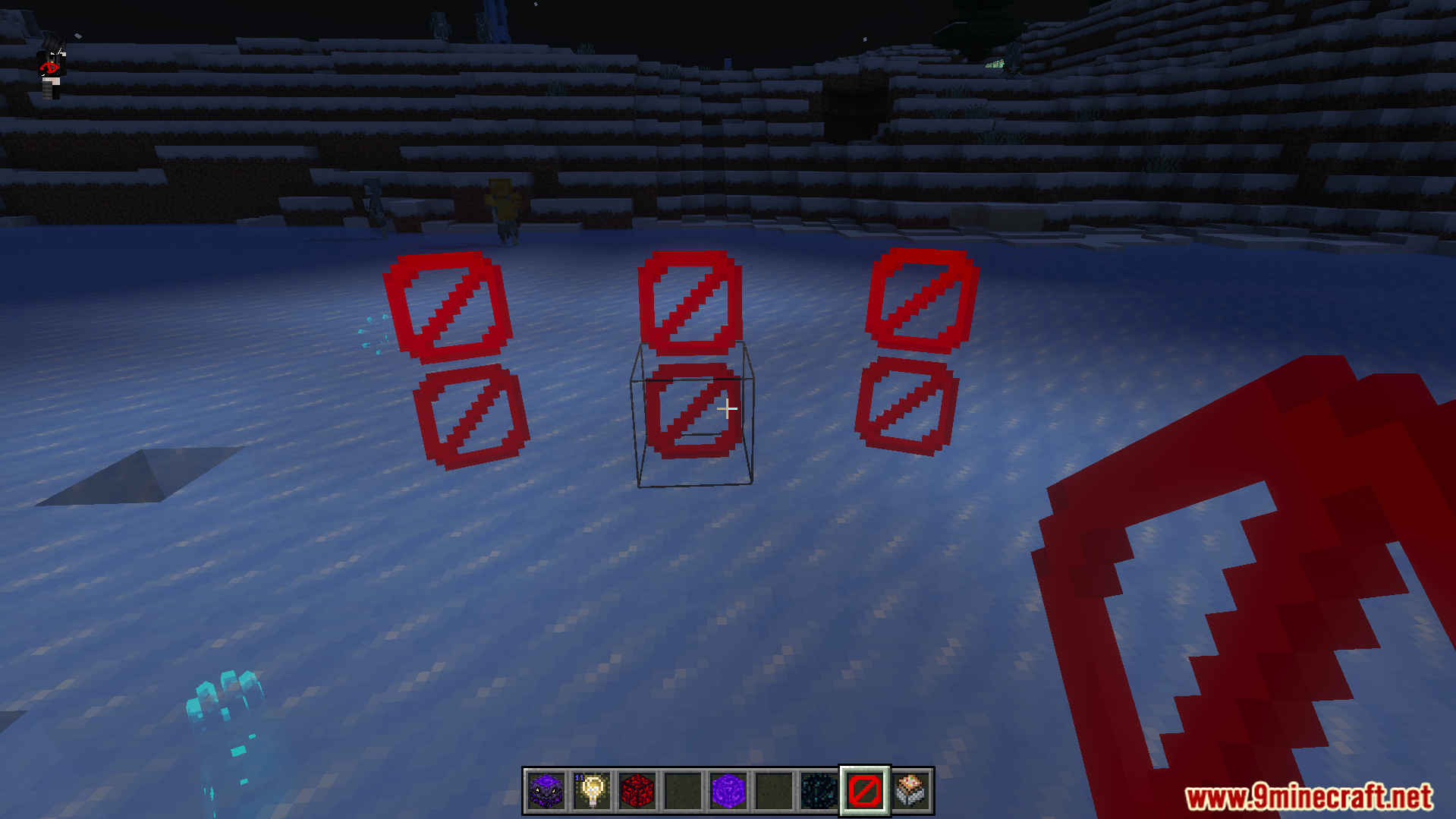 Player holding a barrier item while looking at placed barrier blocks on ice