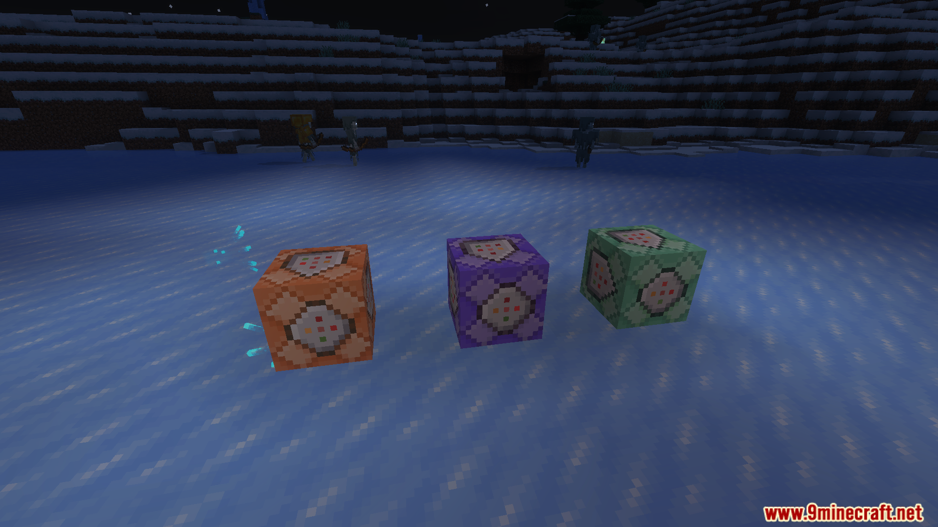 Three command blocks on ice showcasing technical items from the secret items addon