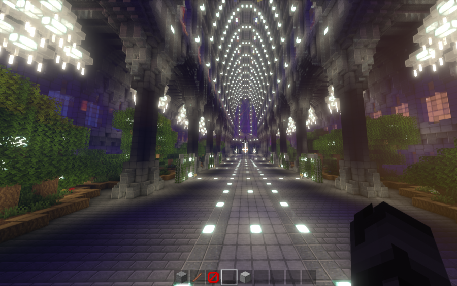 Interior view of the massive Church Schematic with high vaulted ceilings and lights