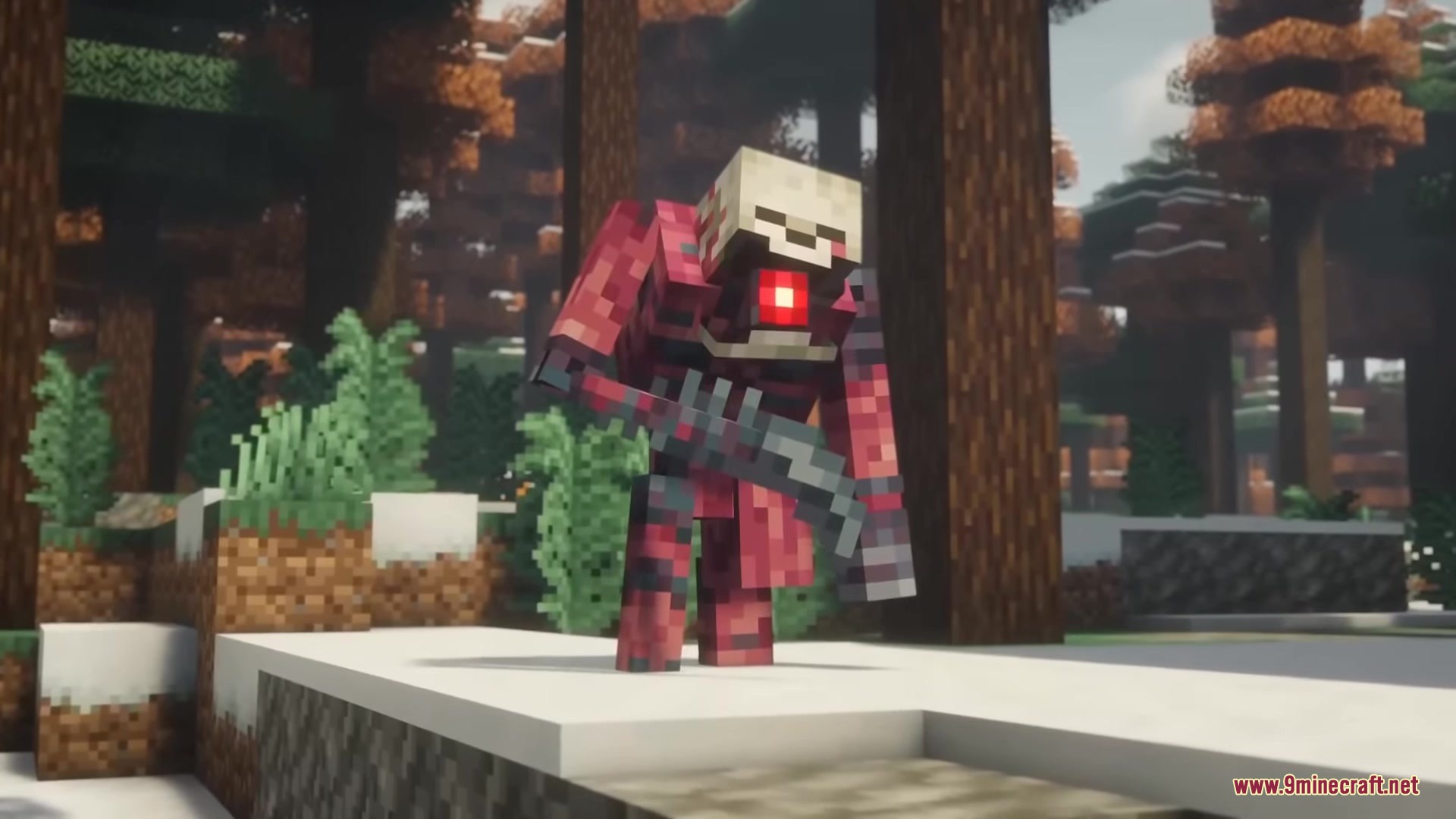 A creepy techno flesh monster holding a curved blade in a snowy forest