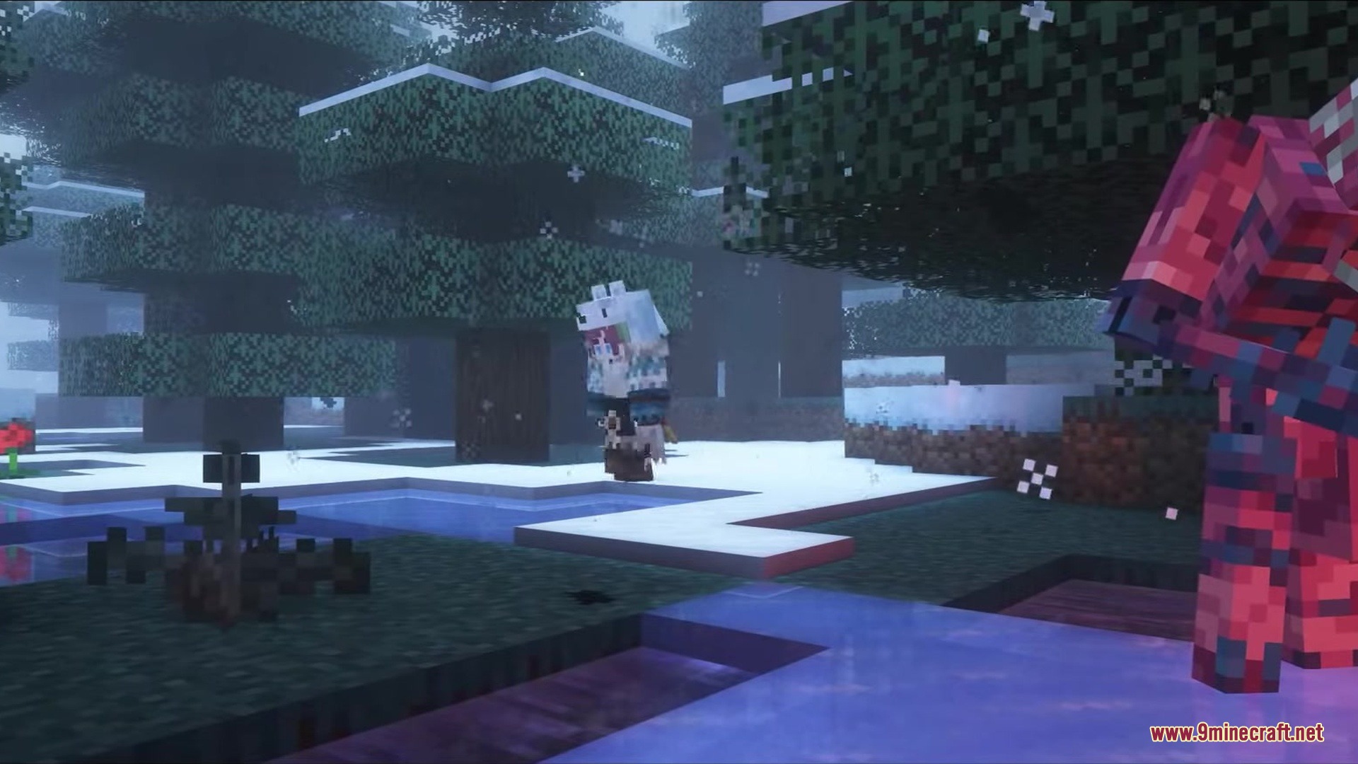 A player wearing a wolf hood stands near a scary techno-flesh monster