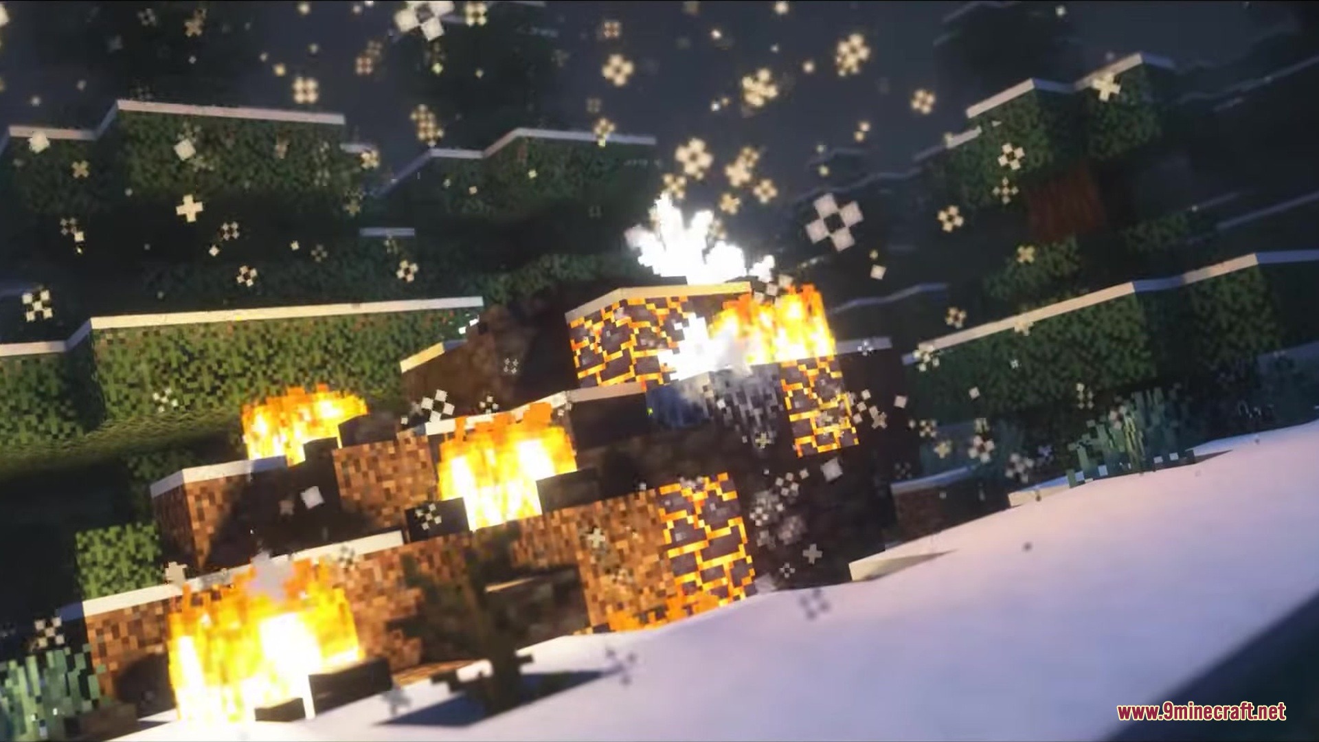 A burning extraterrestrial object crashed in a snowy forest during a snowstorm