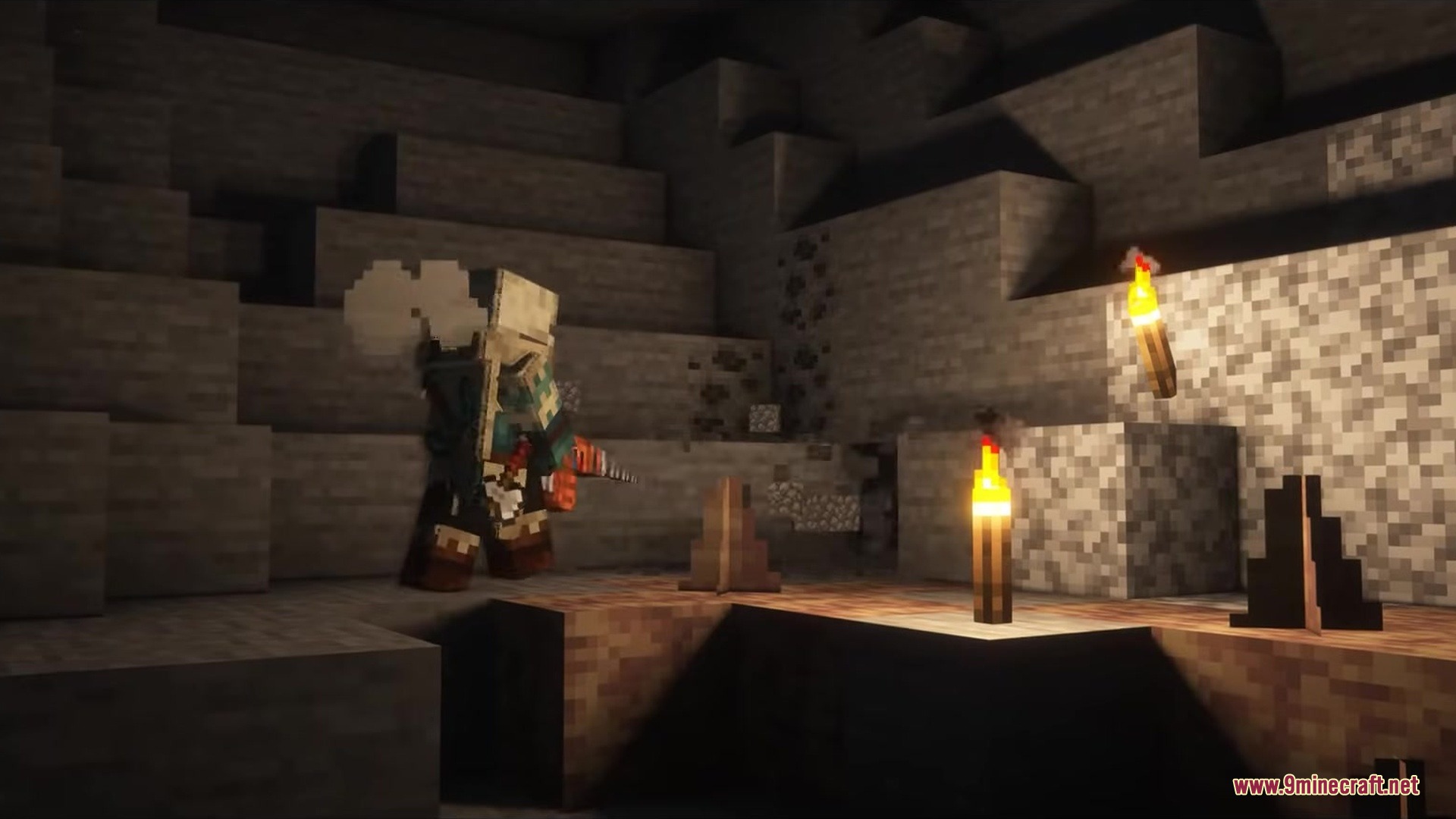 A player explores a dark cave using tools from the Clanging Howl Mod